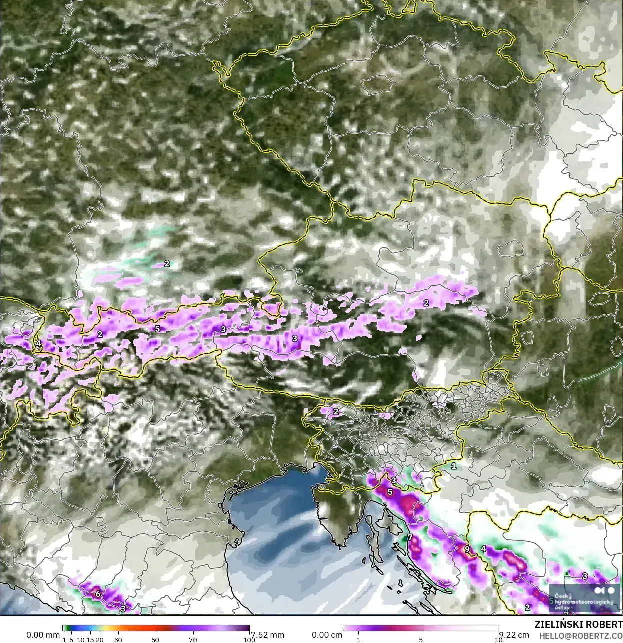 ALADIN CZ 2.3 km modelo - Austria, Precipitación, nubes y presión