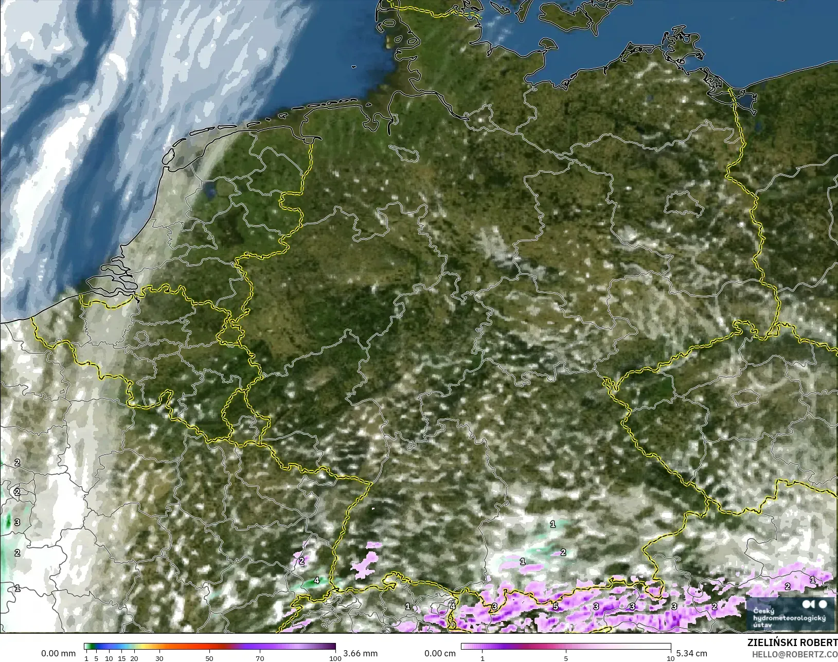 ALADIN CZ 2.3 km modelo - Alemania, Precipitación, nubes y presión