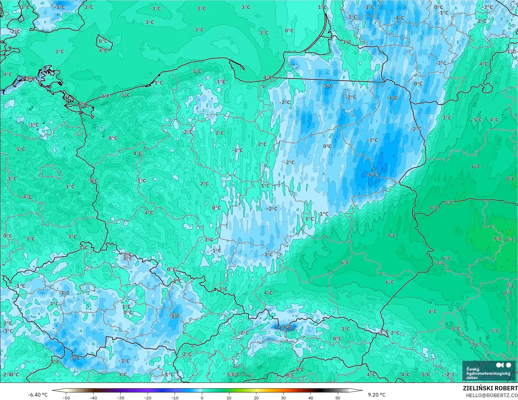 ALADIN CZ 2.3 km modelo - Polonia, Punto de rocío a 2 m