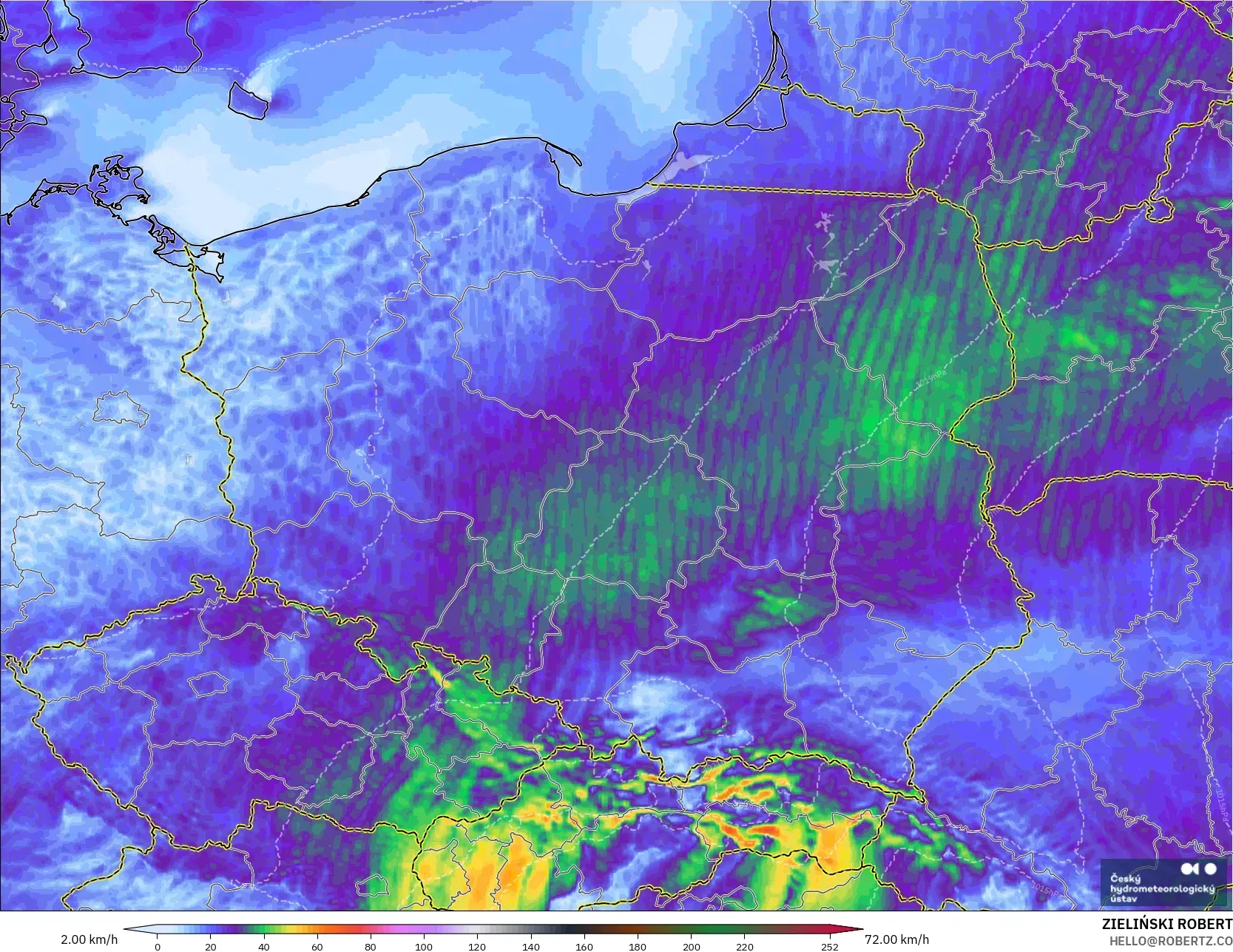 ALADIN CZ 2.3 km modelo - Polonia, Ráfagas de Viento Máximas