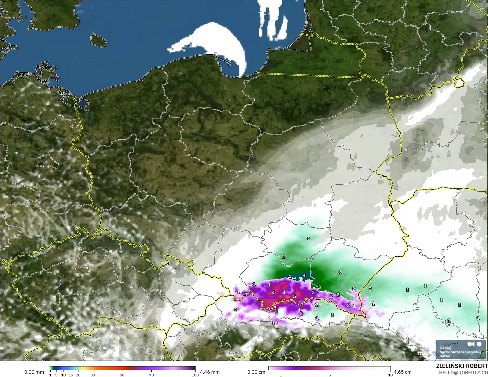 ALADIN CZ 2.3 km modelo - Polonia, Precipitación, nubes y presión