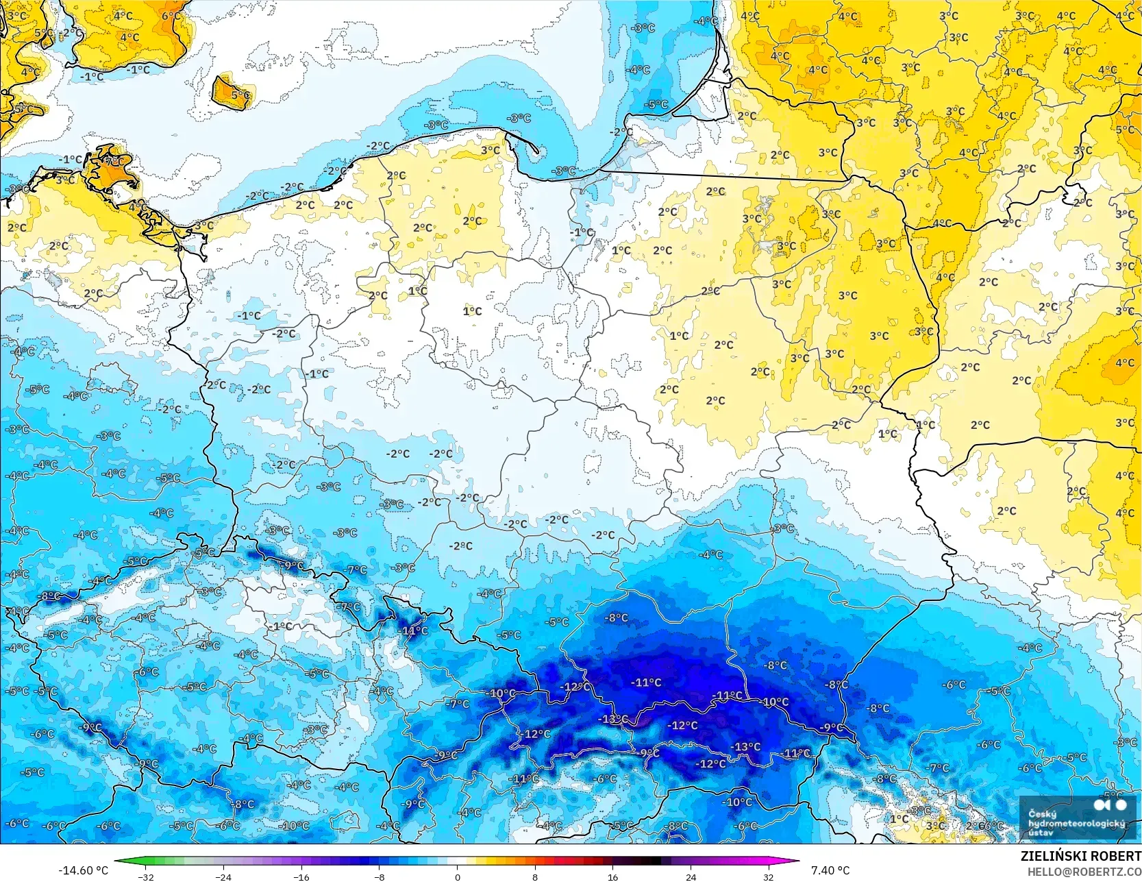ALADIN CZ 2.3 km modelo - Polonia, Anomalía de temperatura a 2 m