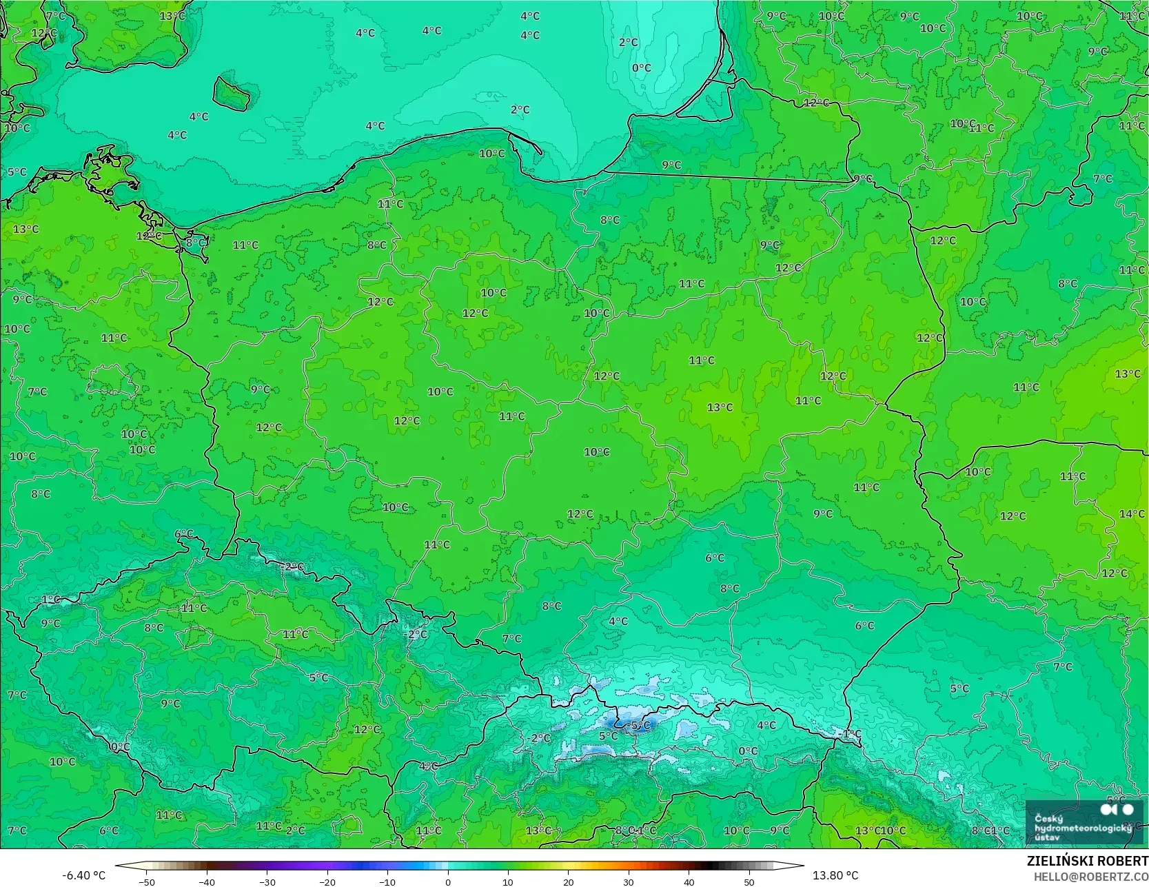 ALADIN CZ 2.3 km modelo - Polonia, Temperatura a 2 m