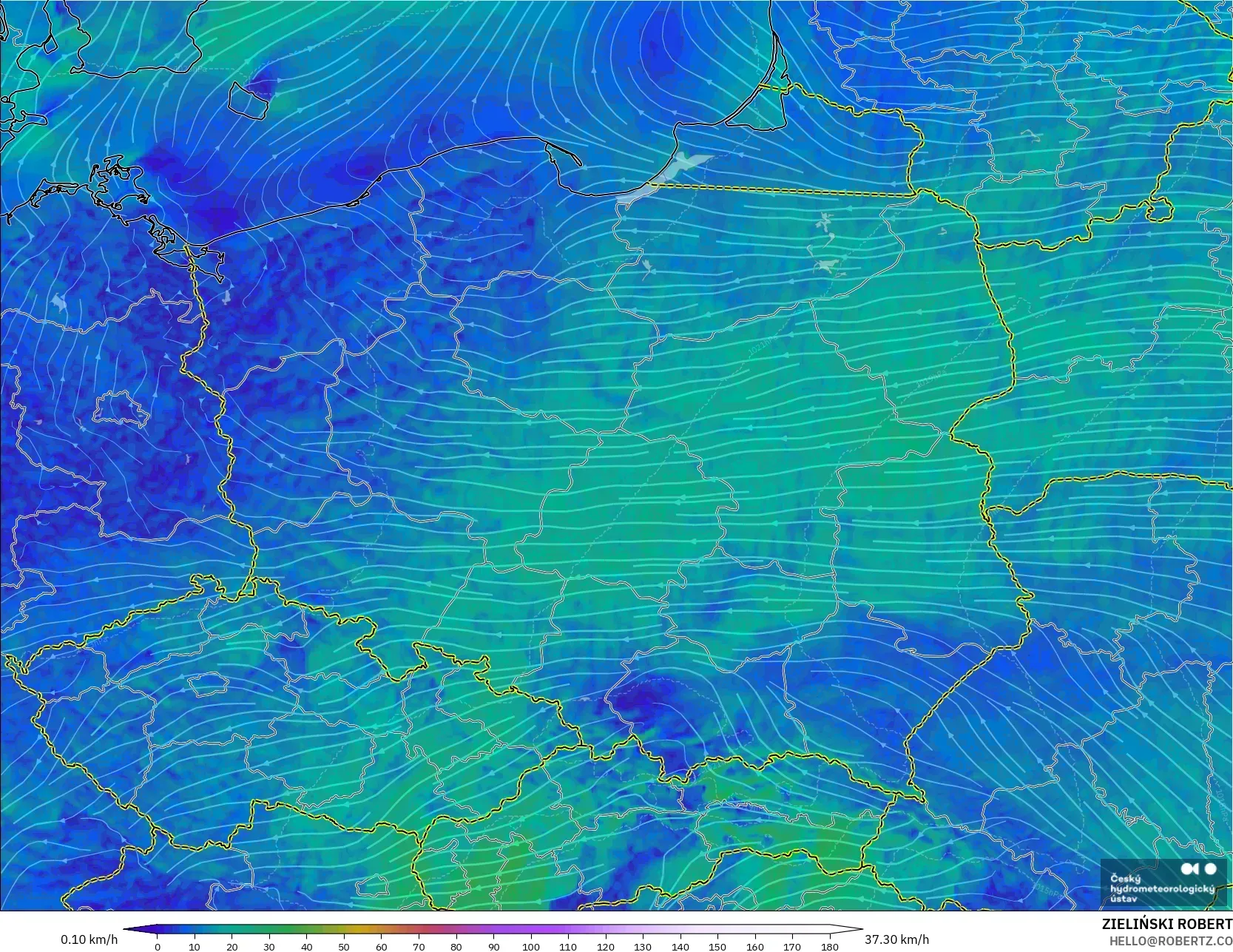 ALADIN CZ 2.3 km modelo - Polonia, Viento a 10 m