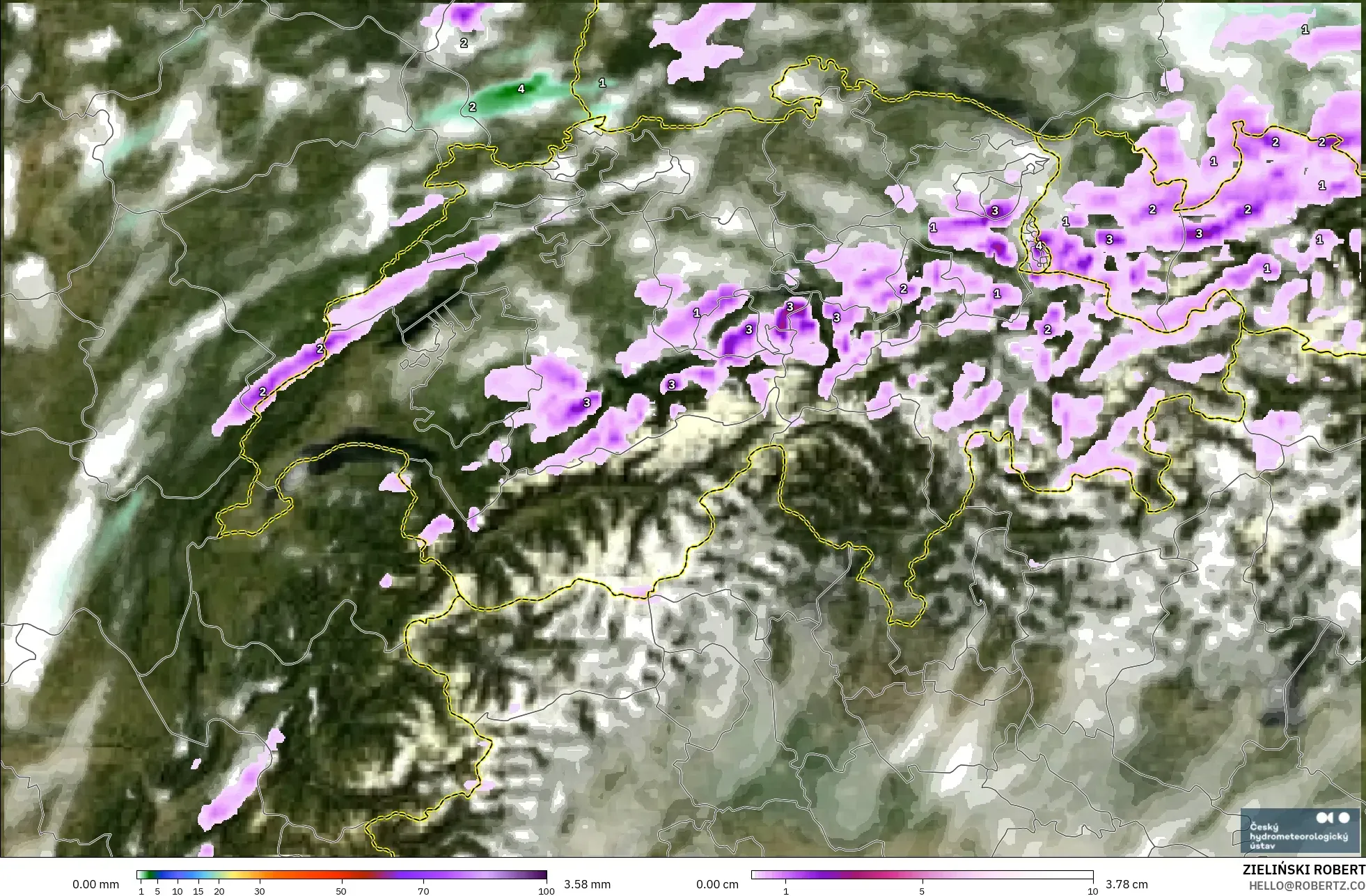 ALADIN CZ 2.3 km modelo - Suiza, Precipitación, nubes y presión