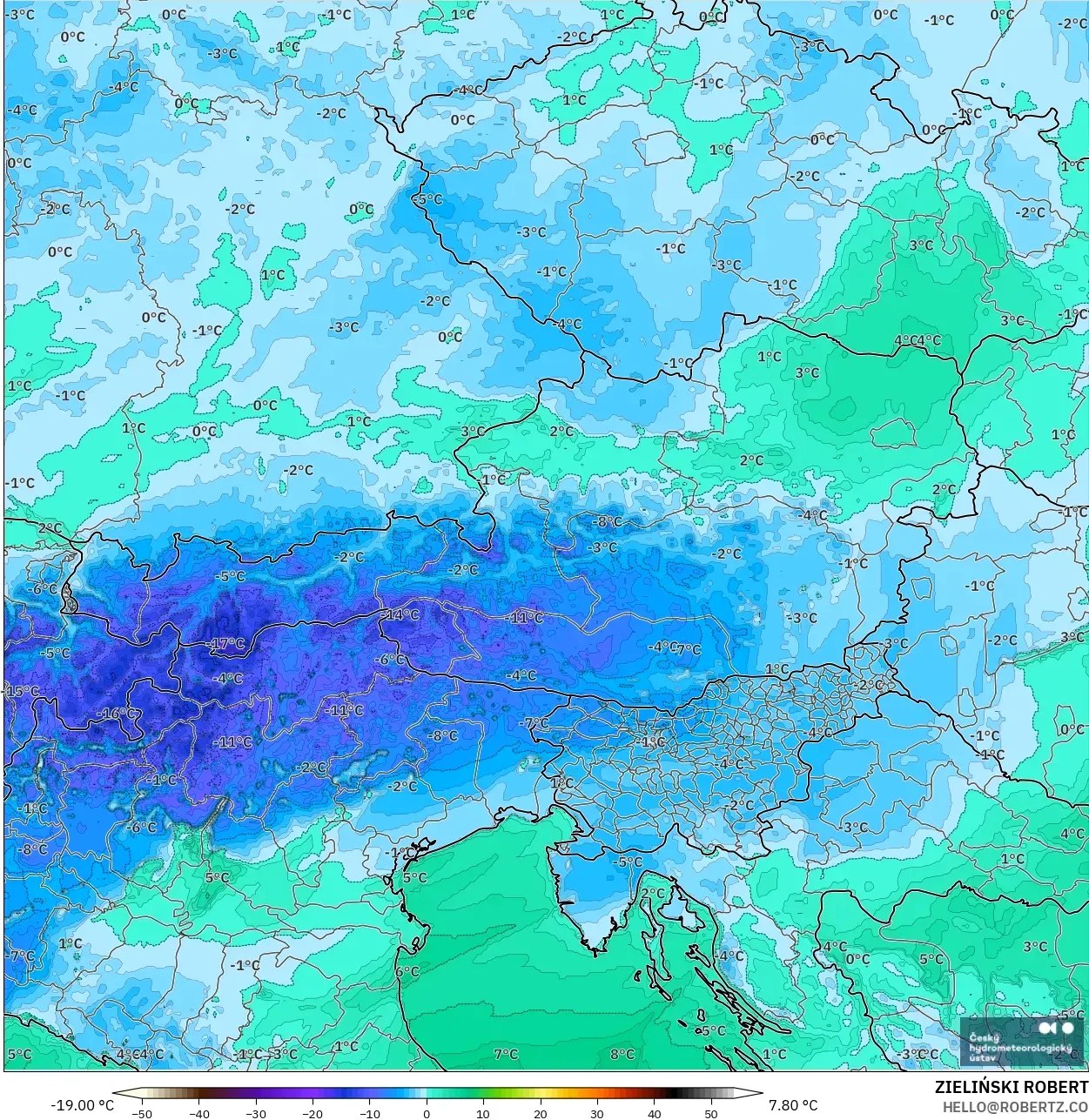 ALADIN CZ 2.3 km modelo - Austria, Punto de rocío a 2 m