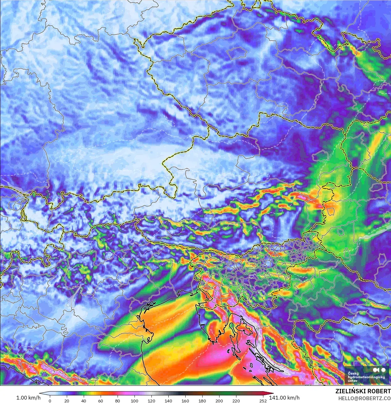 ALADIN CZ 2.3 km modelo - Austria, Ráfagas de Viento Máximas