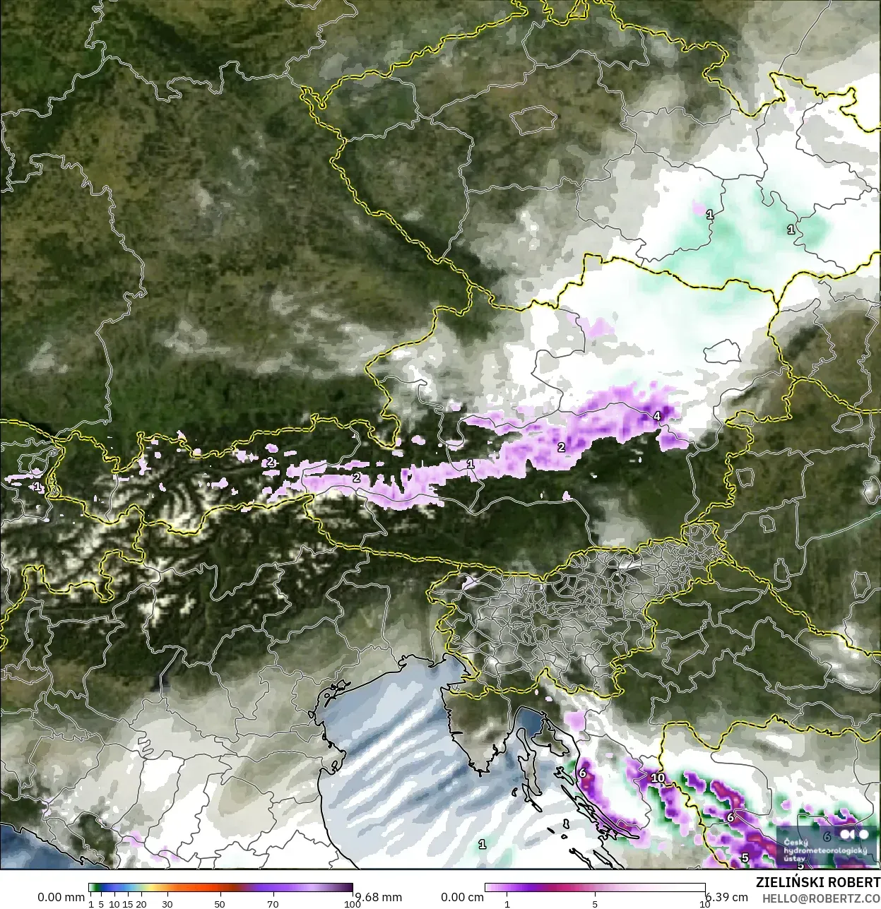 ALADIN CZ 2.3 km modelo - Austria, Precipitación, nubes y presión