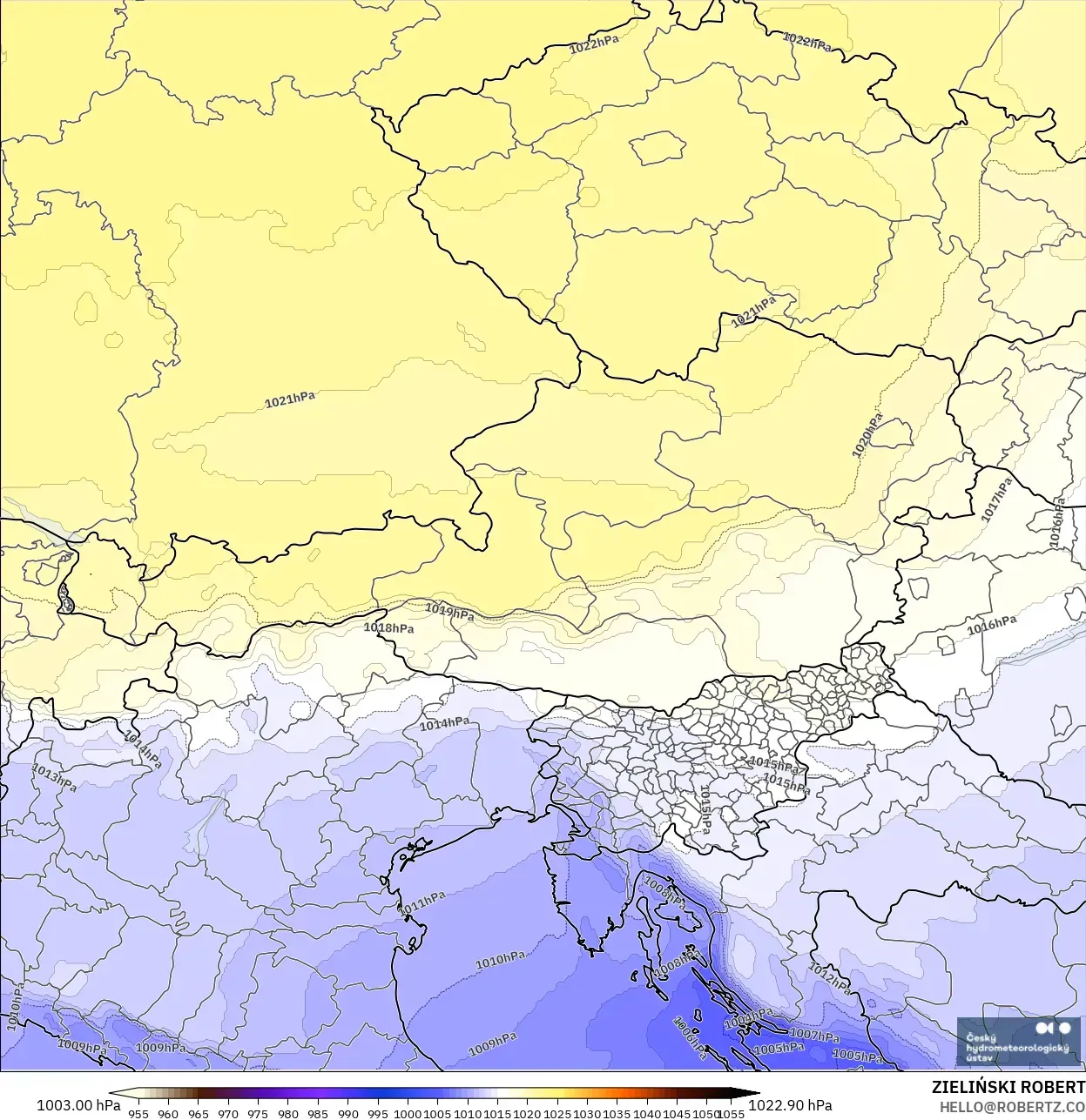 ALADIN CZ 2.3 km modelo - Austria, Presión
