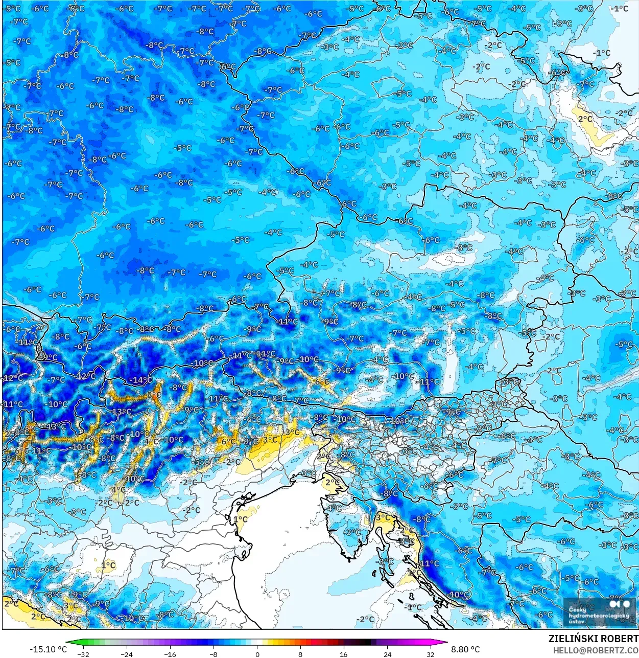 ALADIN CZ 2.3 km modelo - Austria, Anomalía de temperatura a 2 m