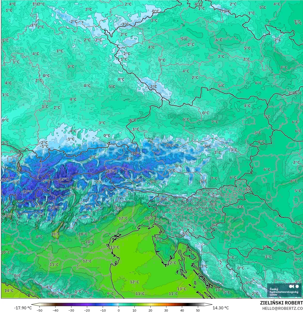 ALADIN CZ 2.3 km modelo - Austria, Temperatura a 2 m