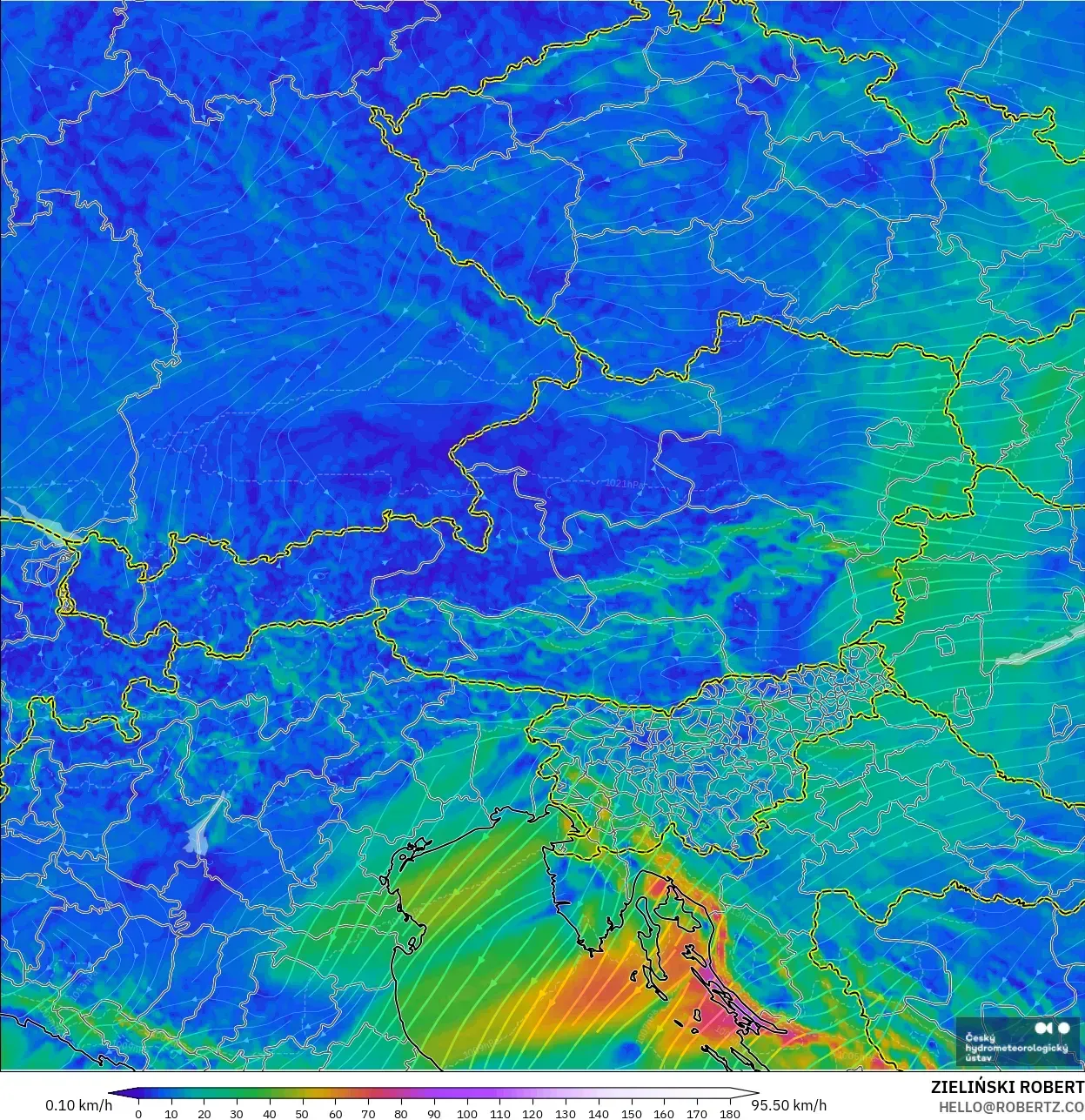 ALADIN CZ 2.3 km modelo - Austria, Viento a 10 m