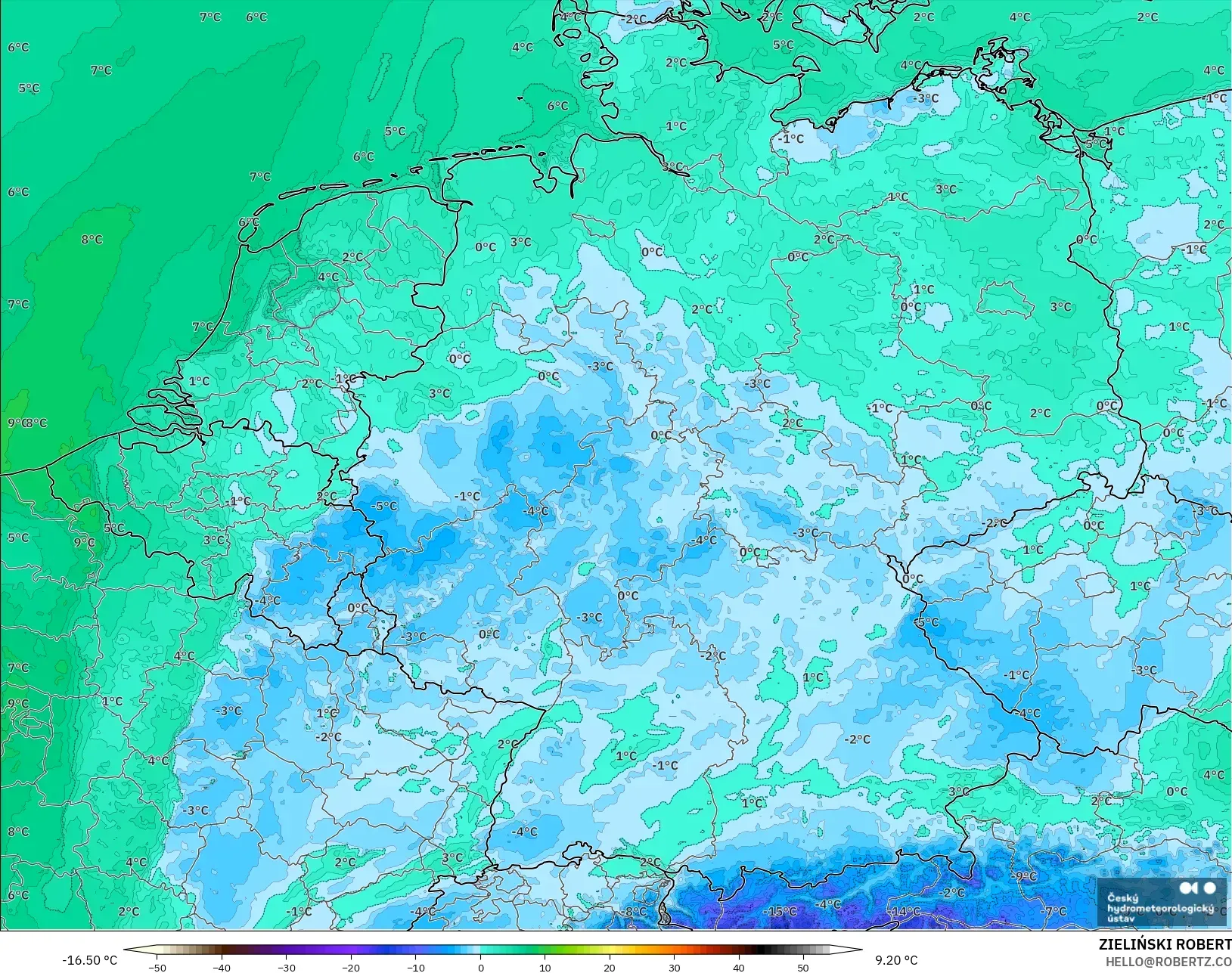 ALADIN CZ 2.3 km modelo - Alemania, Punto de rocío a 2 m