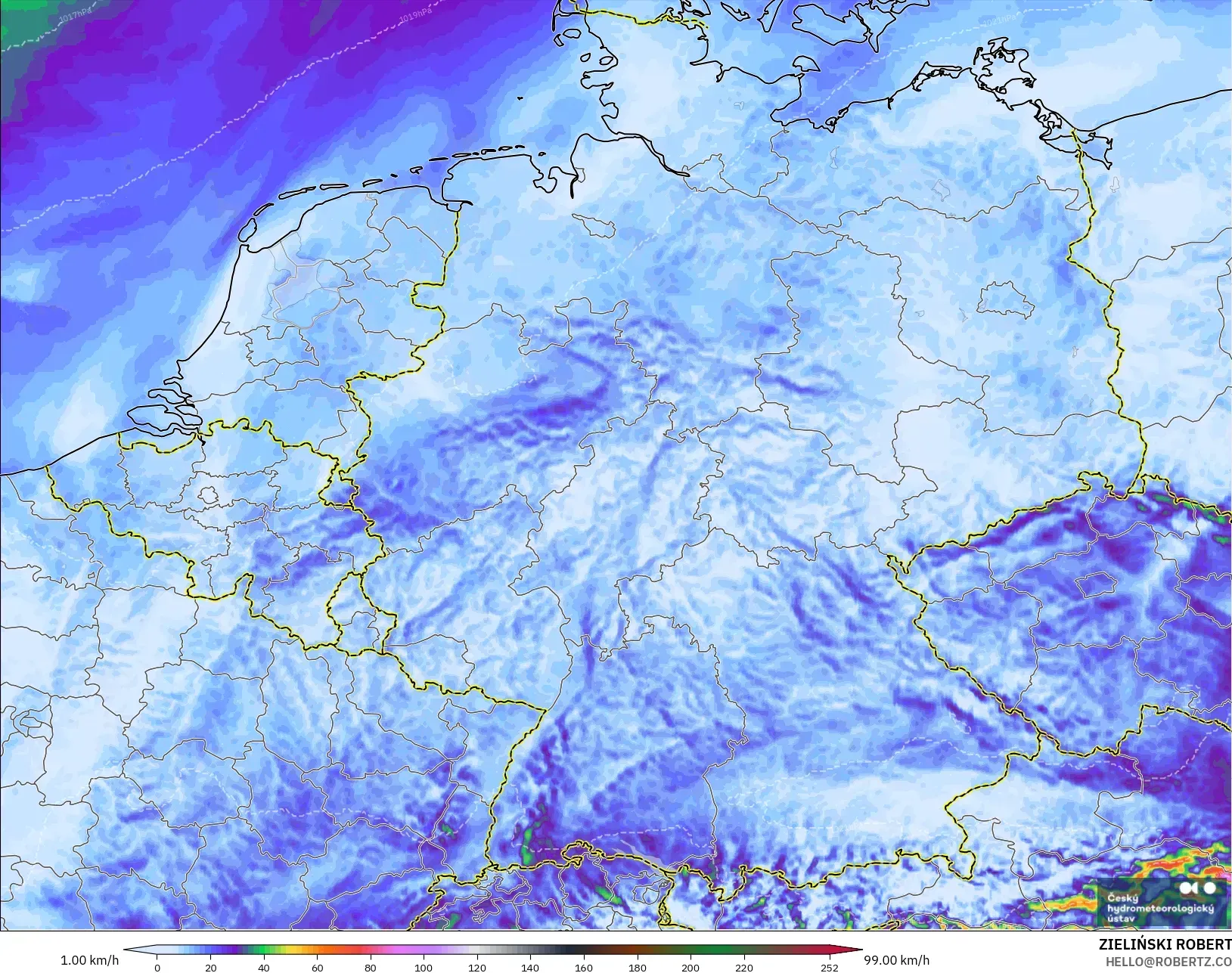 ALADIN CZ 2.3 km modelo - Alemania, Ráfagas de Viento Máximas