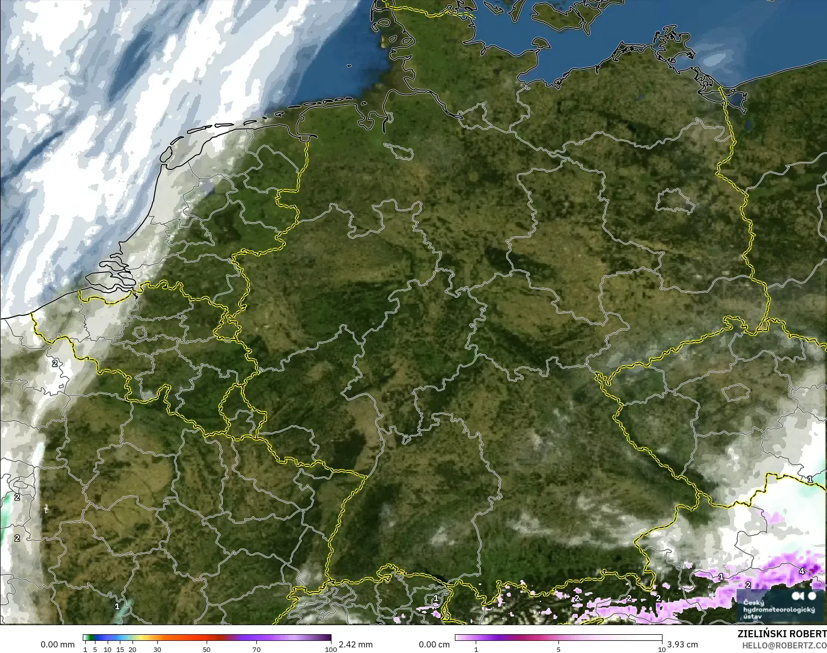 ALADIN CZ 2.3 km modelo - Alemania, Precipitación, nubes y presión