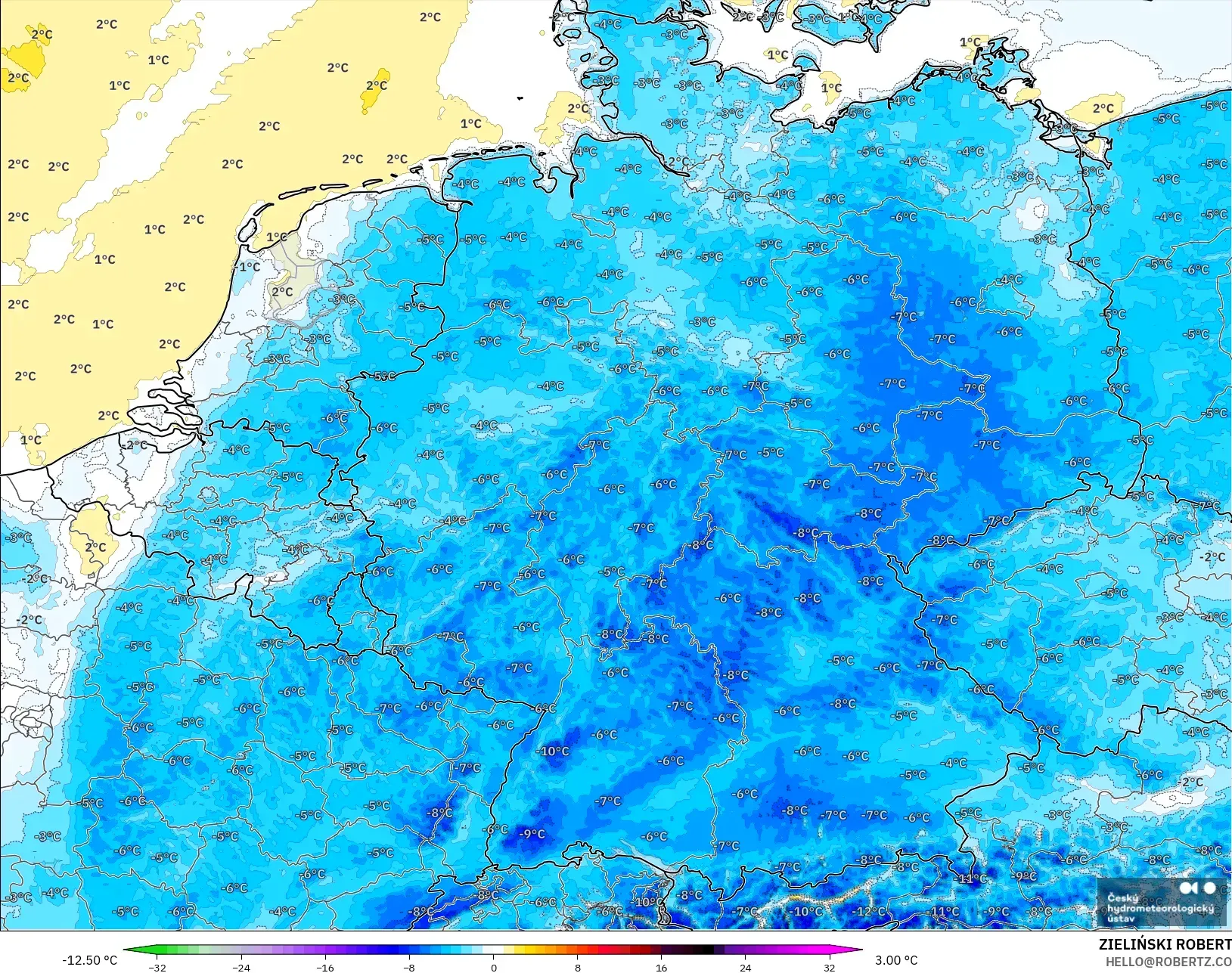 ALADIN CZ 2.3 km modelo - Alemania, Anomalía de temperatura a 2 m