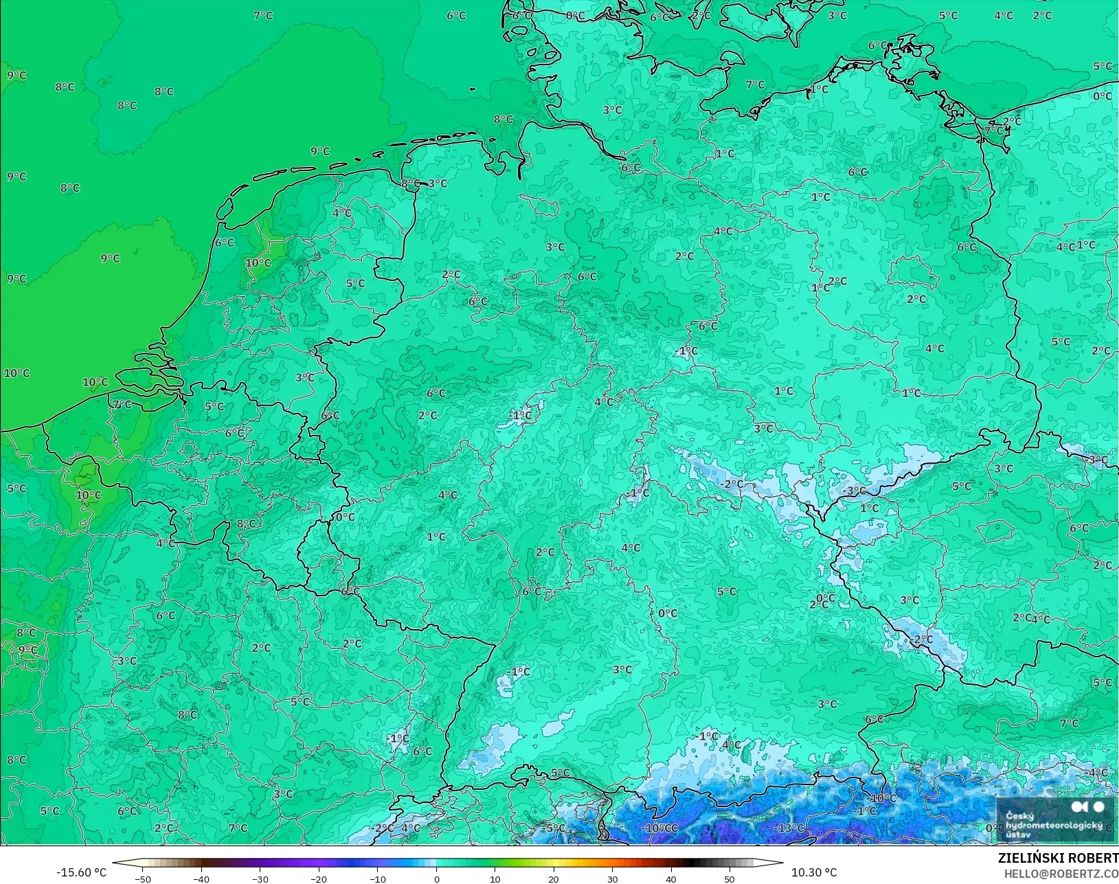 ALADIN CZ 2.3 km modelo - Alemania, Temperatura a 2 m