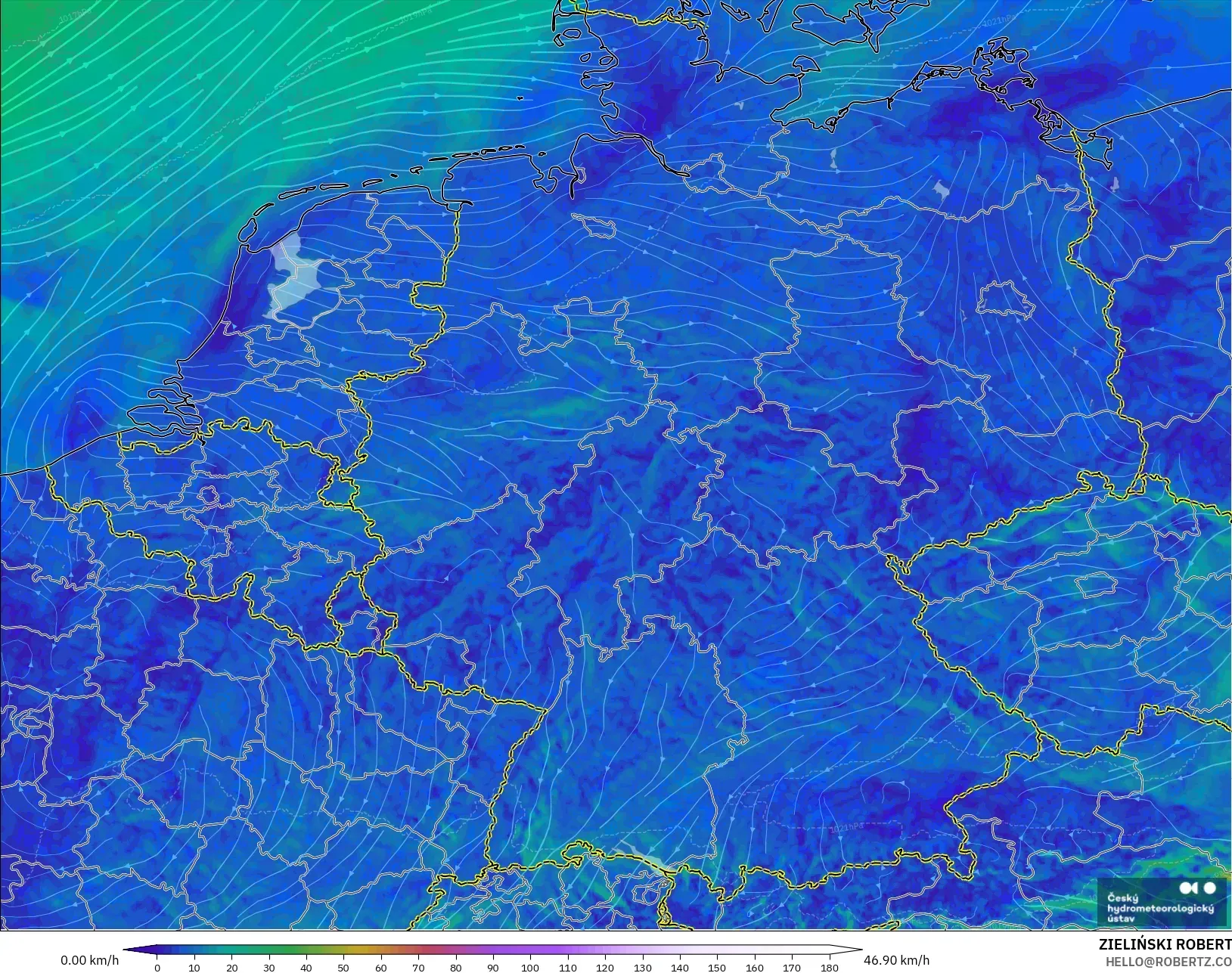 ALADIN CZ 2.3 km modelo - Alemania, Viento a 10 m