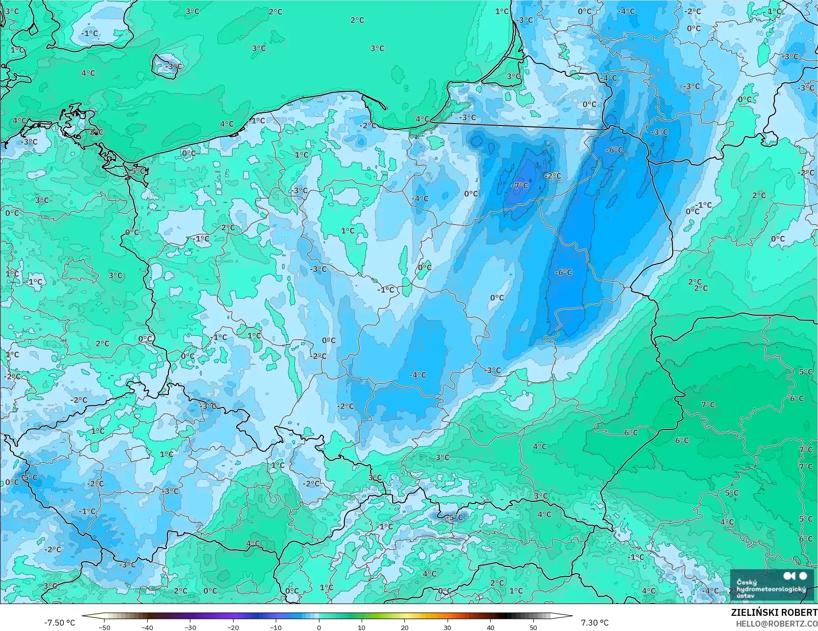ALADIN CZ 2.3 km modelo - Polonia, Punto de rocío a 2 m