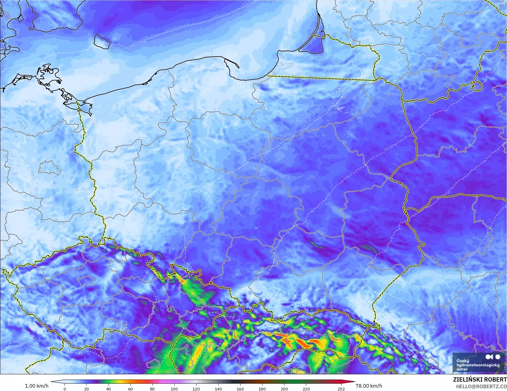 ALADIN CZ 2.3 km modelo - Polonia, Ráfagas de Viento Máximas
