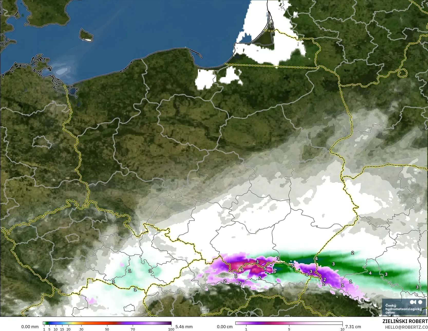 ALADIN CZ 2.3 km modelo - Polonia, Precipitación, nubes y presión