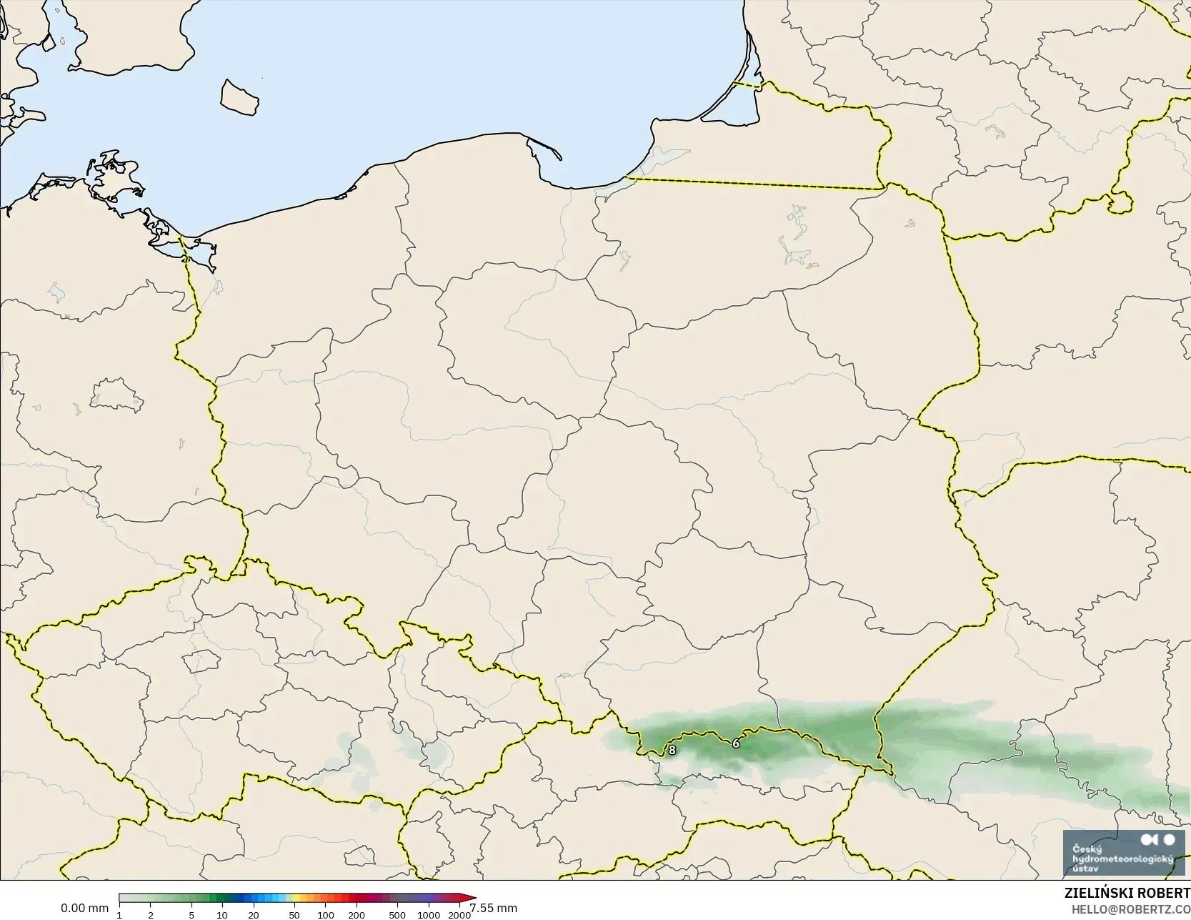ALADIN CZ 2.3 km modelo - Polonia, Acumulación de precipitación