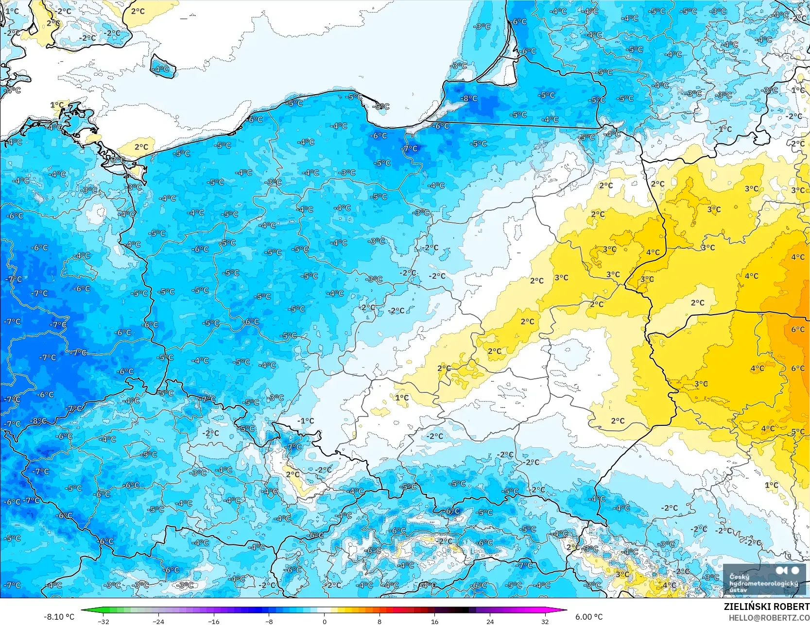 ALADIN CZ 2.3 km modelo - Polonia, Anomalía de temperatura a 2 m