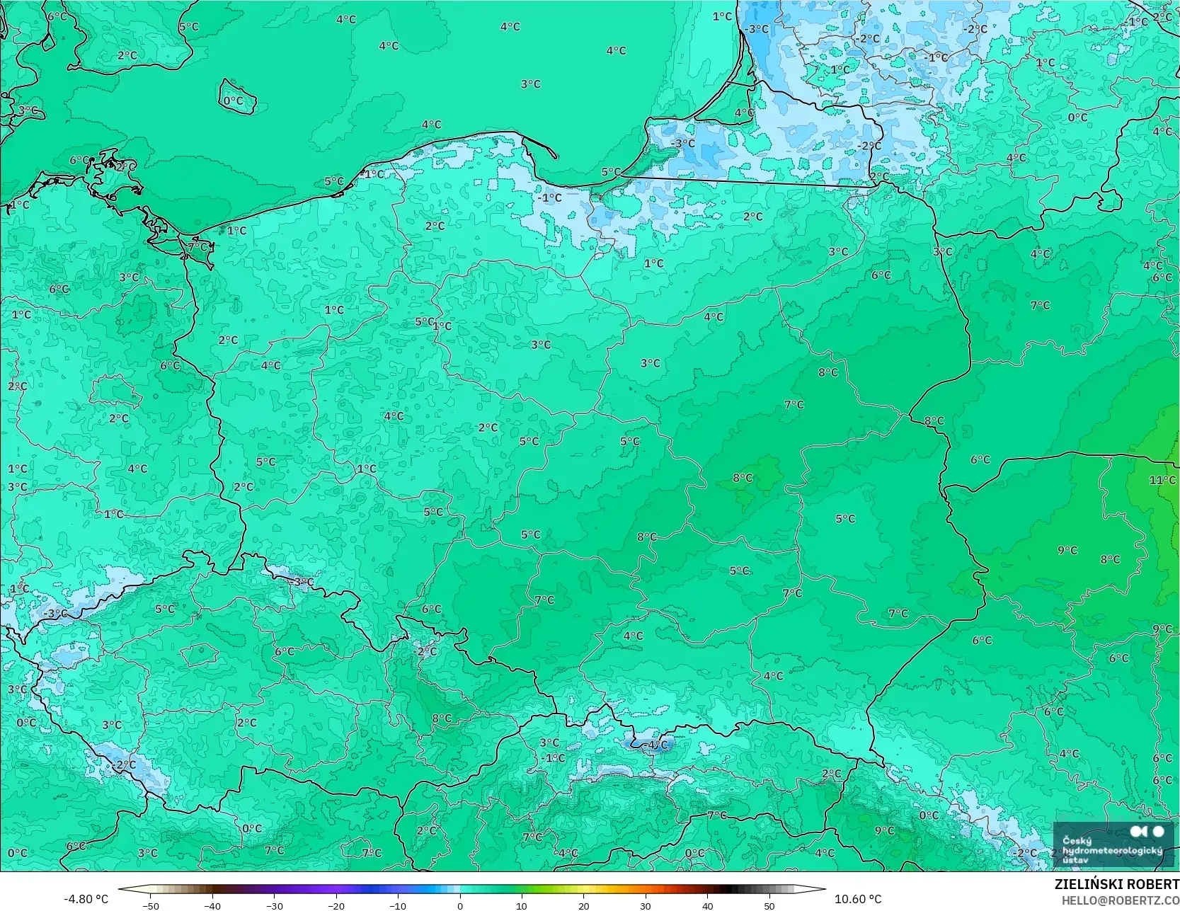 ALADIN CZ 2.3 km modelo - Polonia, Temperatura a 2 m