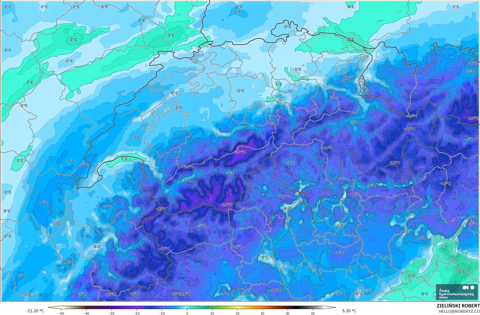 ALADIN CZ 2.3 km modelo - Suiza, Punto de rocío a 2 m