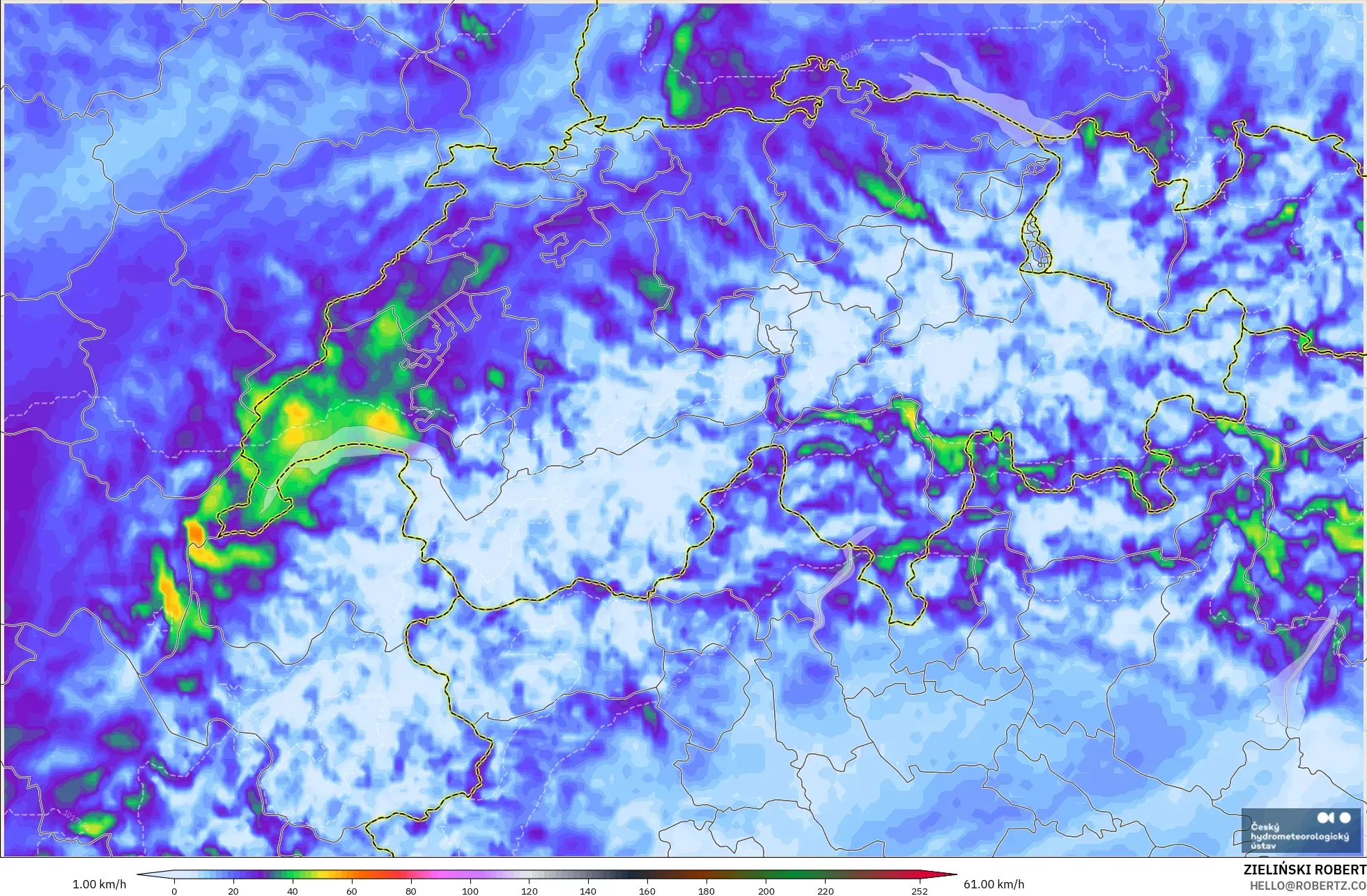 ALADIN CZ 2.3 km modelo - Suiza, Ráfagas de Viento Máximas