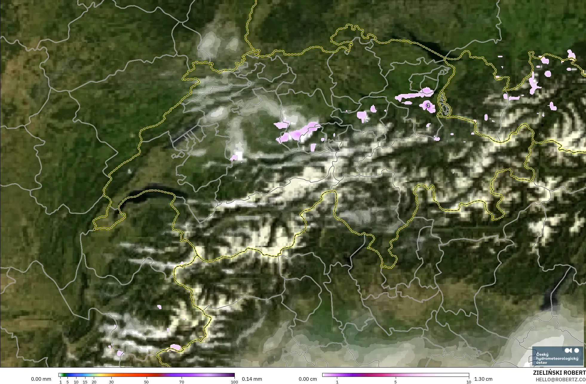 ALADIN CZ 2.3 km modelo - Suiza, Precipitación, nubes y presión