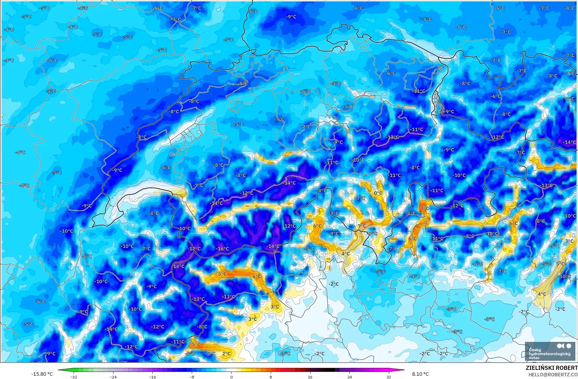 ALADIN CZ 2.3 km modelo - Suiza, Anomalía de temperatura a 2 m
