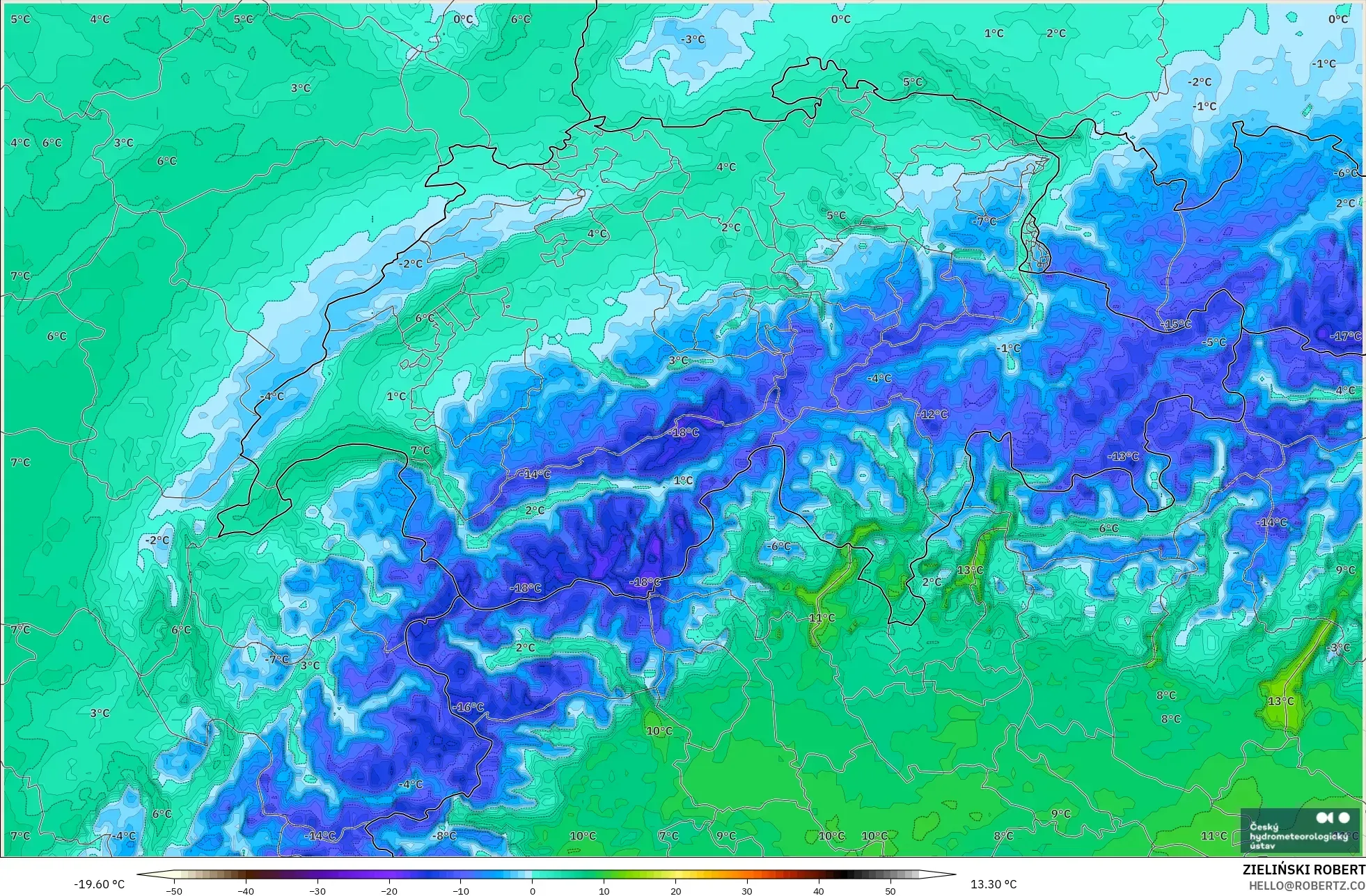 ALADIN CZ 2.3 km modelo - Suiza, Temperatura a 2 m