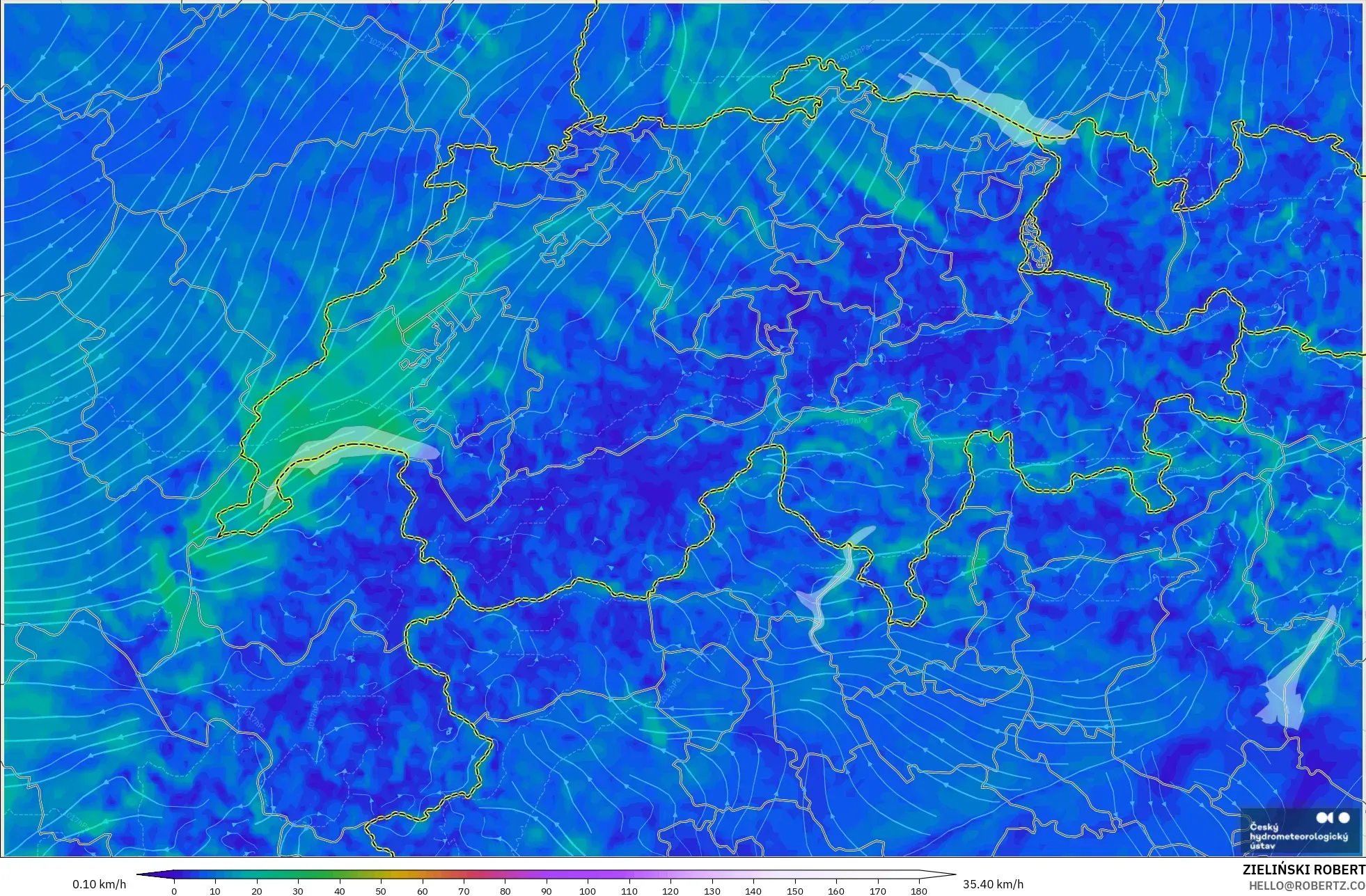 ALADIN CZ 2.3 km modelo - Suiza, Viento a 10 m