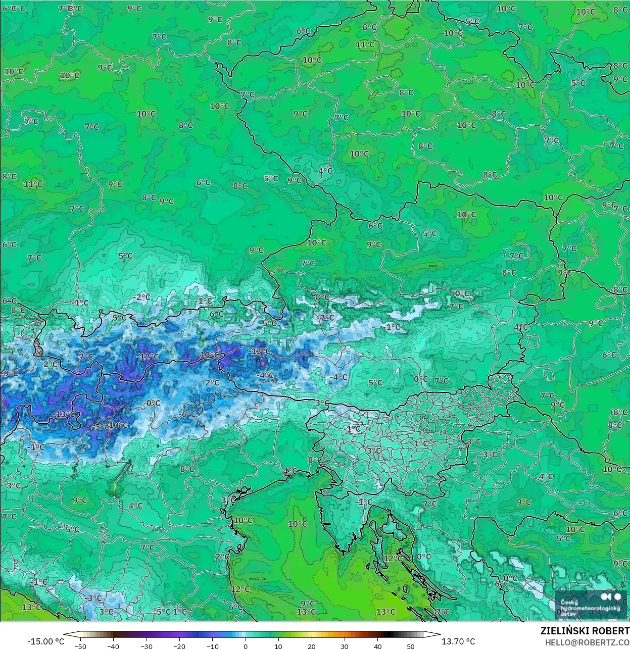 ALADIN CZ 2.3 km modelo - Austria, Punto de rocío a 2 m