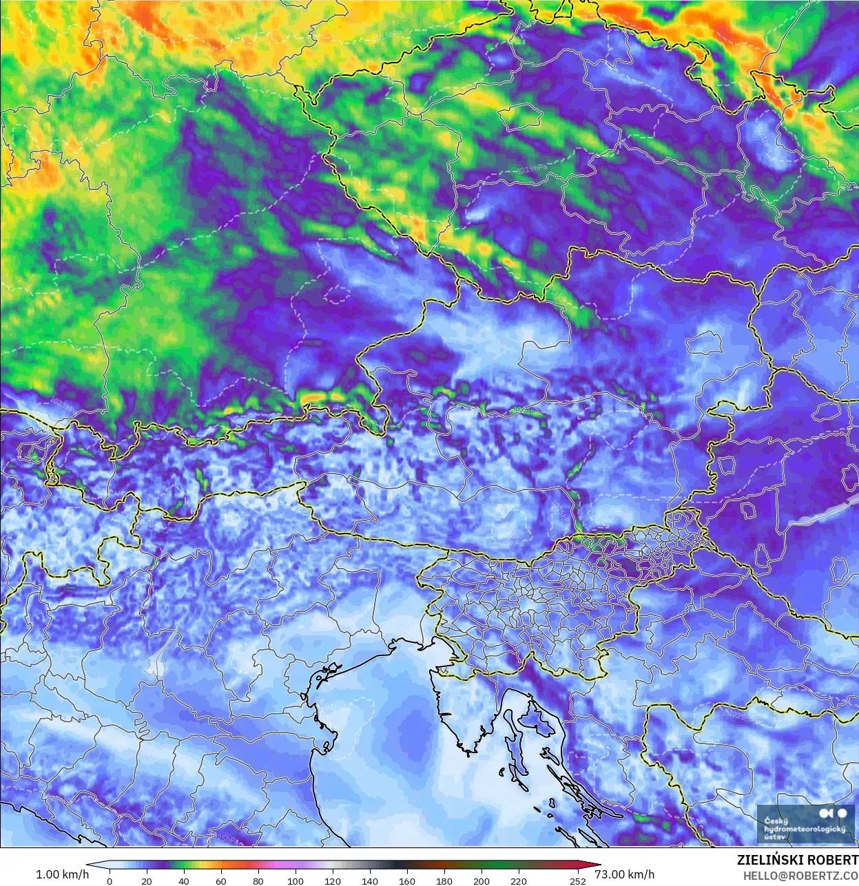 ALADIN CZ 2.3 km modelo - Austria, Ráfagas de Viento Máximas