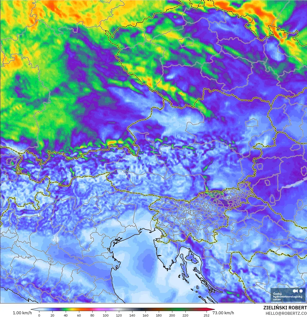 ALADIN CZ 2.3 km modelo - Austria, Ráfagas de viento