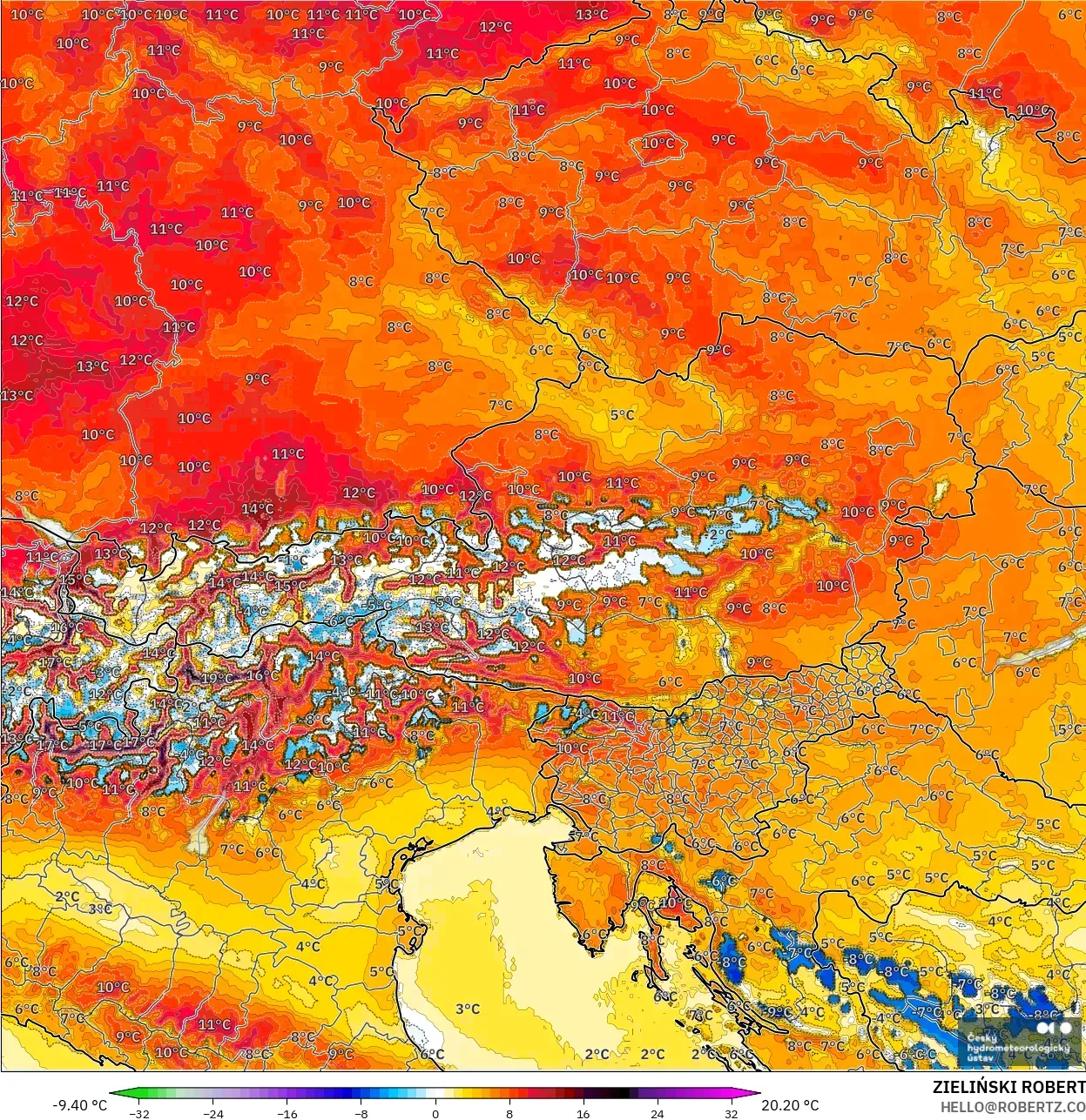 ALADIN CZ 2.3 km modelo - Austria, Anomalía de temperatura a 2 m