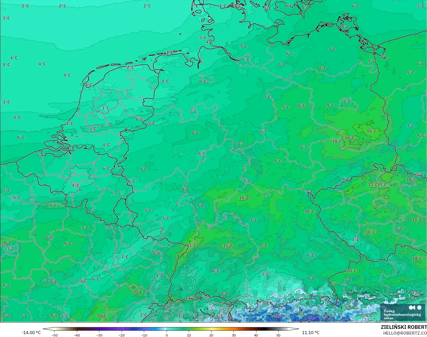 ALADIN CZ 2.3 km modelo - Alemania, Punto de rocío a 2 m