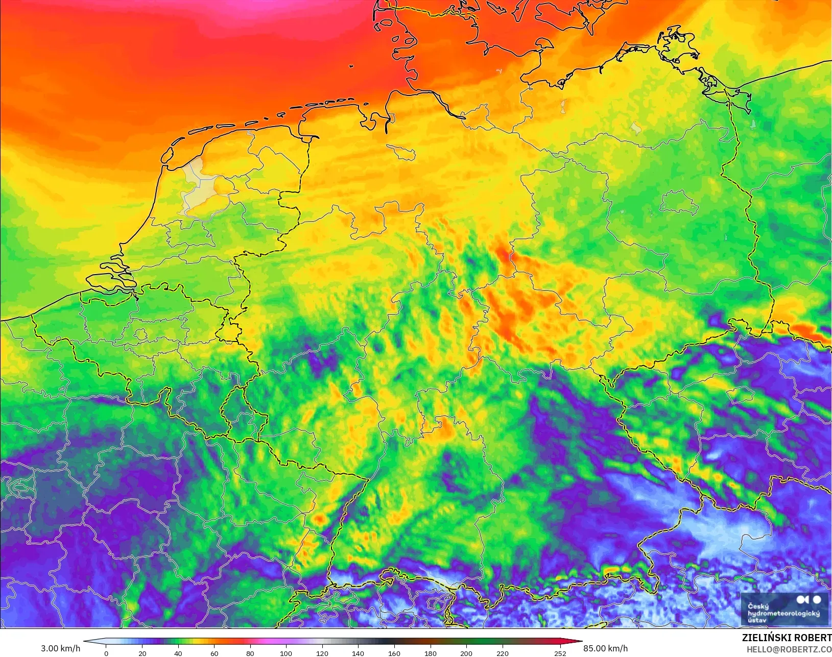 ALADIN CZ 2.3 km modelo - Alemania, Ráfagas de viento