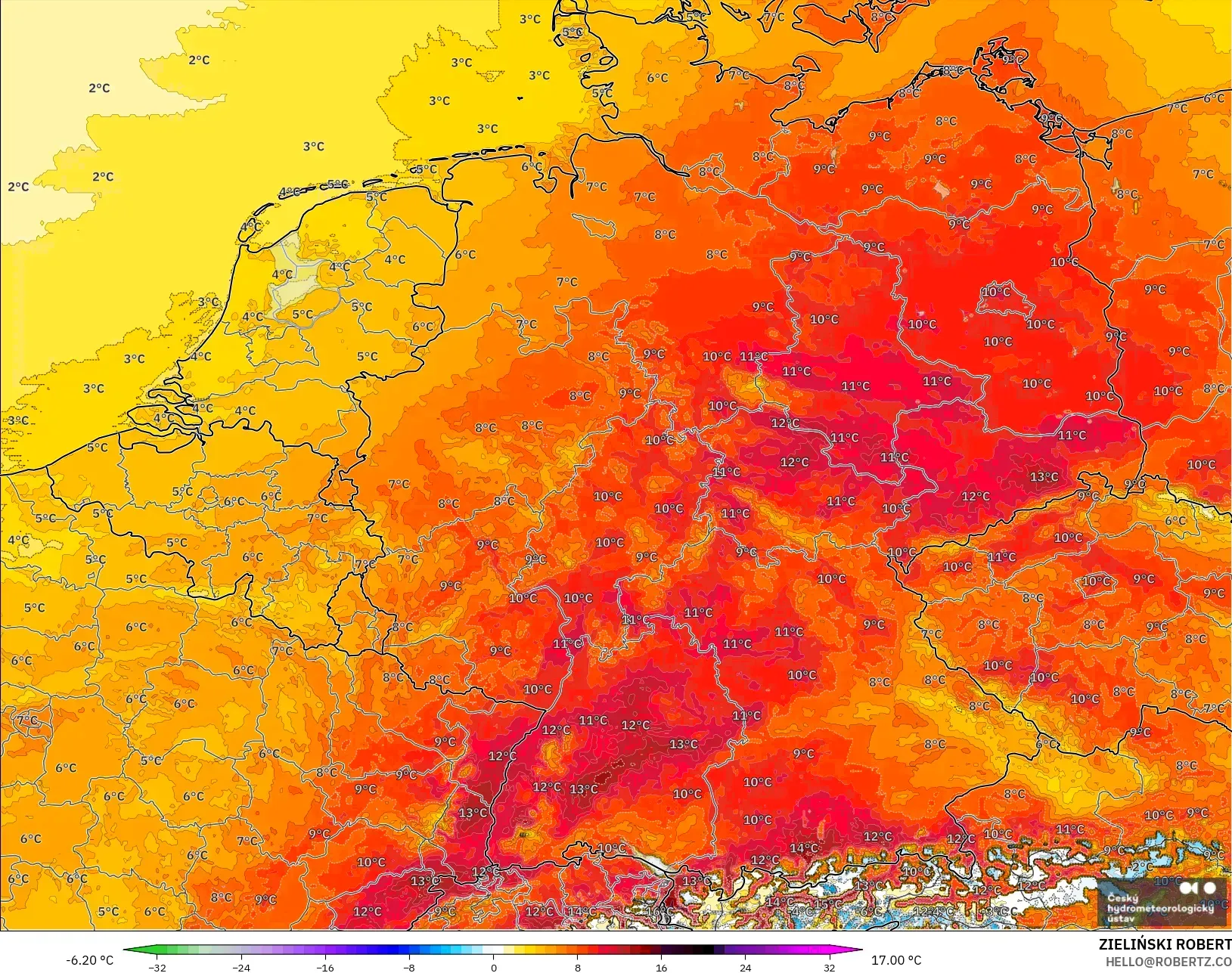 ALADIN CZ 2.3 km modelo - Alemania, Anomalía de temperatura a 2 m
