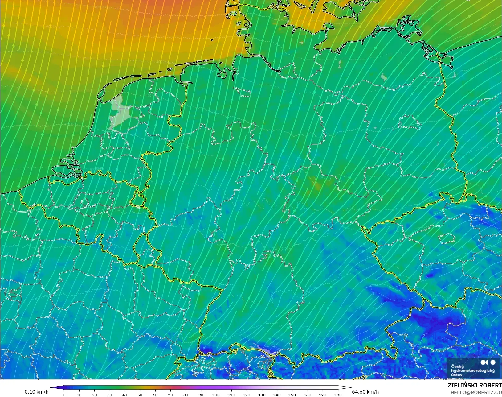 ALADIN CZ 2.3 km modelo - Alemania, Viento a 10 m