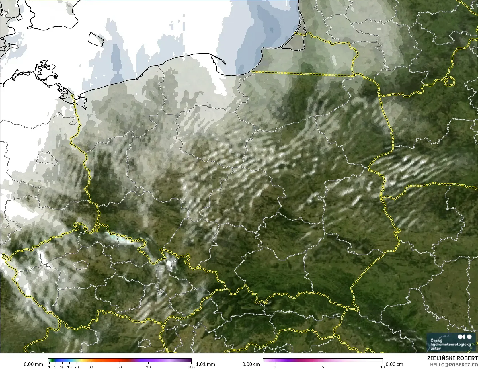 ALADIN CZ 2.3 km modelo - Polonia, Precipitación, nubes y presión