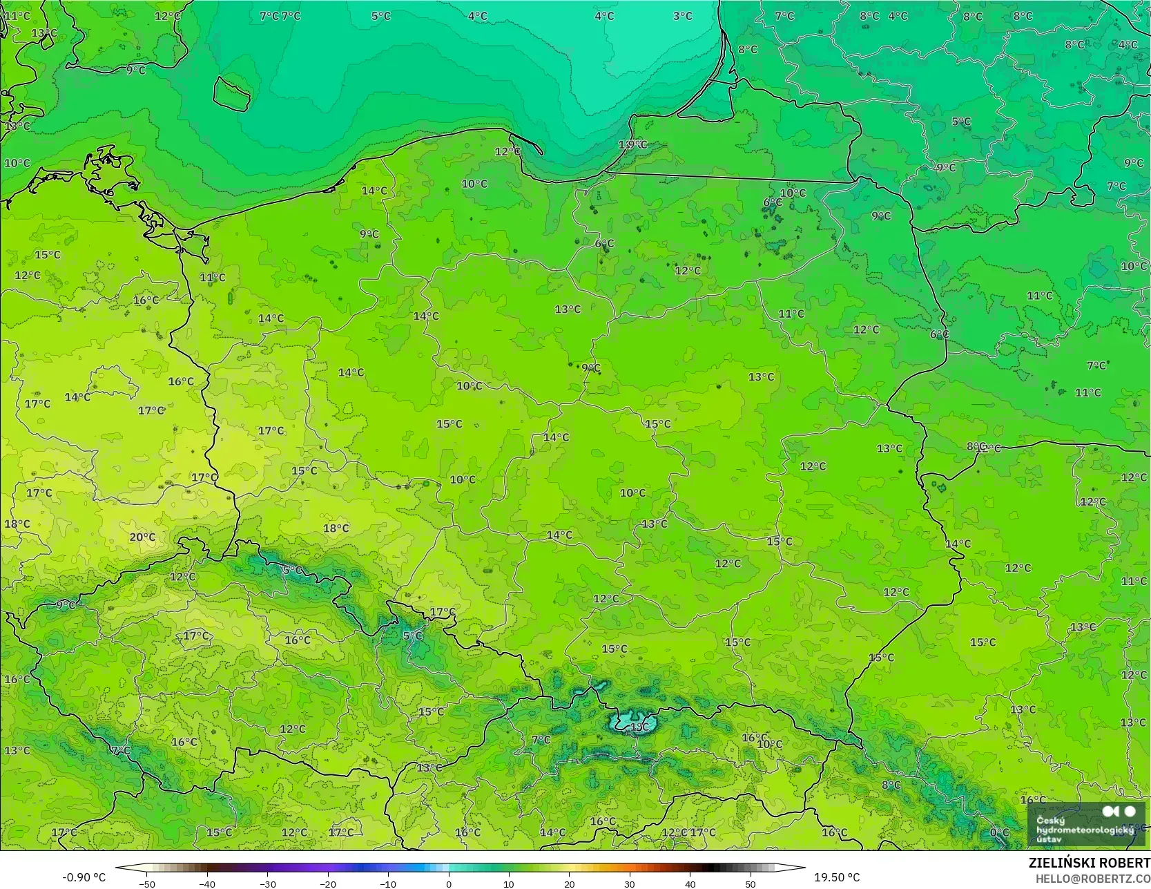 ALADIN CZ 2.3 km modelo - Polonia, Temperatura a 2 m
