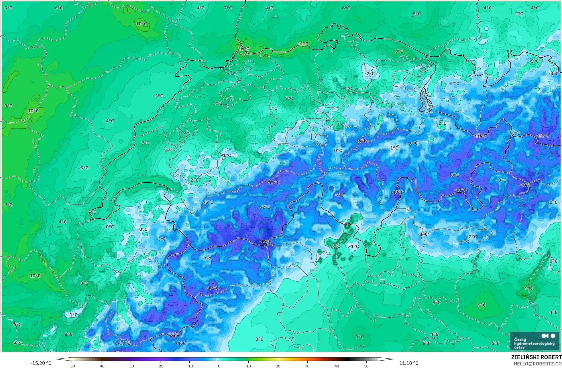 ALADIN CZ 2.3 km modelo - Suiza, Punto de rocío a 2 m