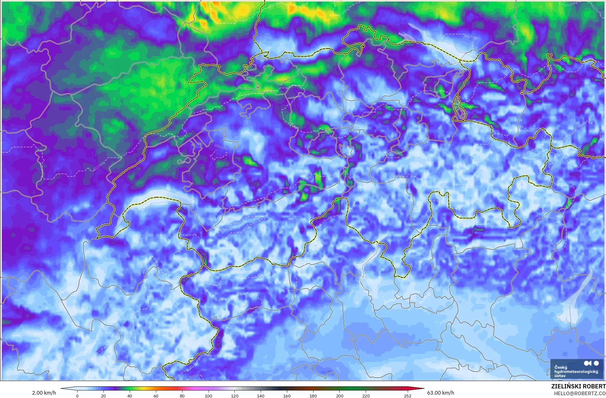 ALADIN CZ 2.3 km modelo - Suiza, Ráfagas de Viento Máximas
