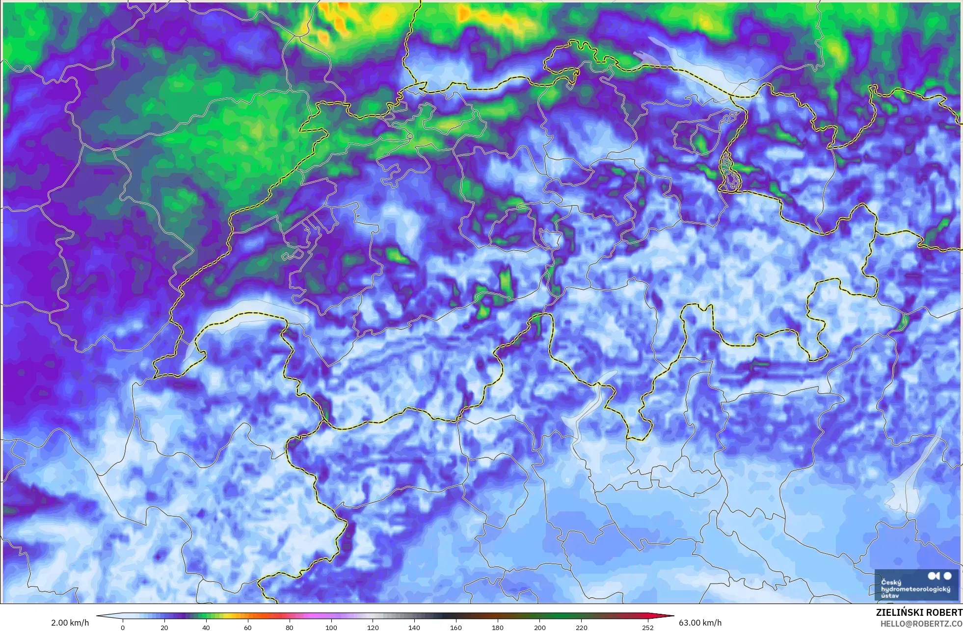 ALADIN CZ 2.3 km modelo - Suiza, Ráfagas de viento