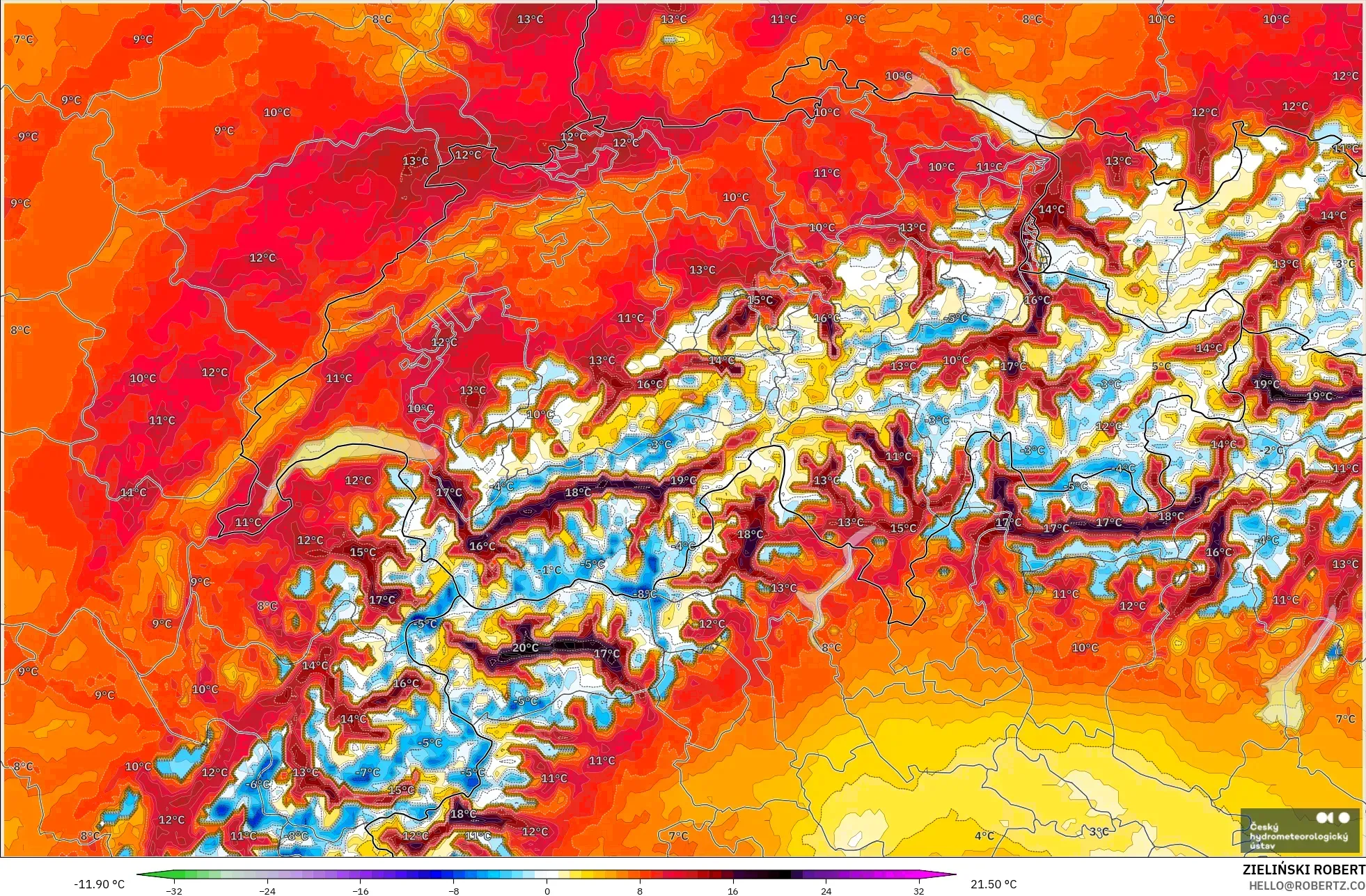 ALADIN CZ 2.3 km modelo - Suiza, Anomalía de temperatura a 2 m