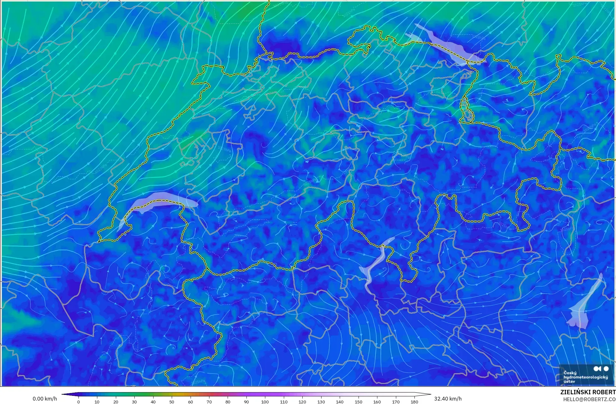 ALADIN CZ 2.3 km modelo - Suiza, Viento a 10 m