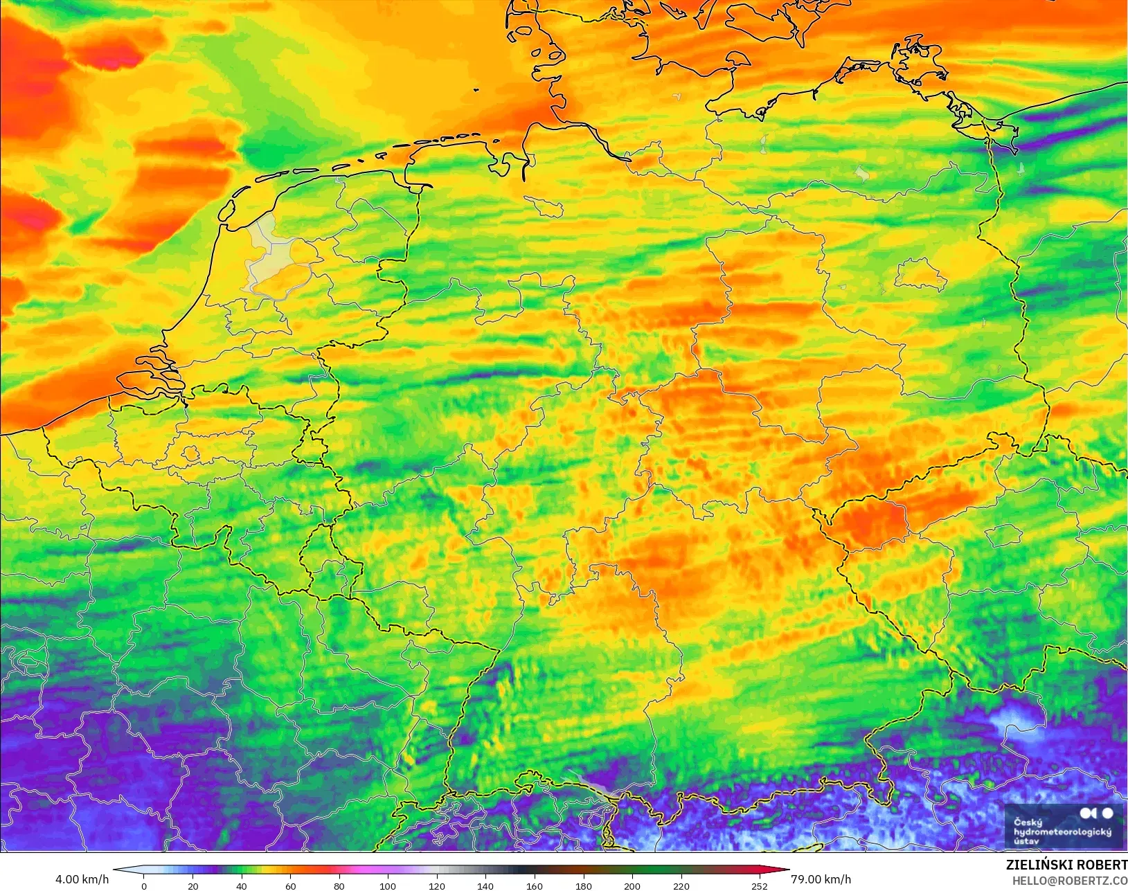 ALADIN CZ 2.3 km modelo - Alemania, Ráfagas de viento